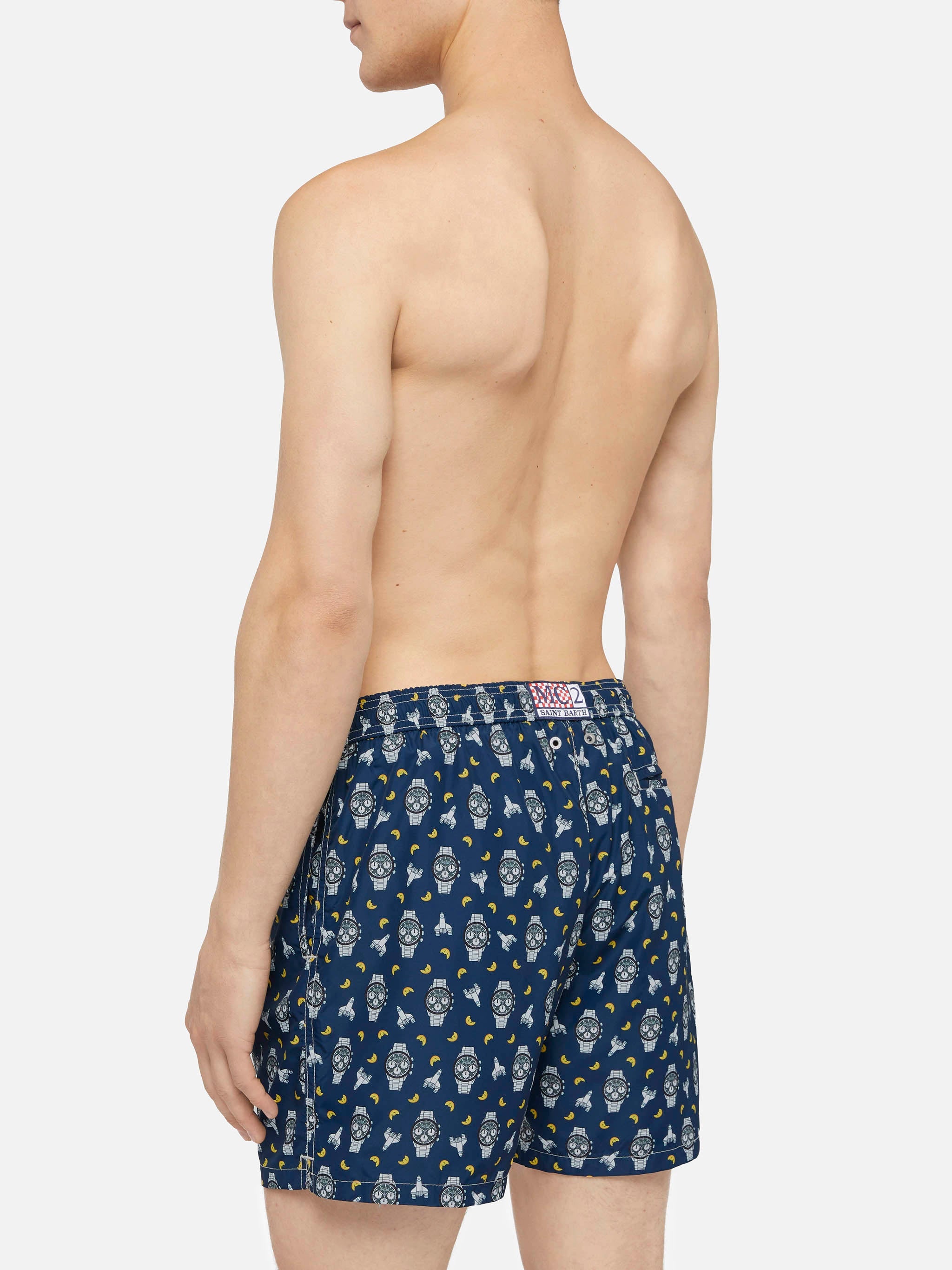 Lightweight Fabric Swim Shorts Lighting With Watch And Moon Print Blue Swimshort