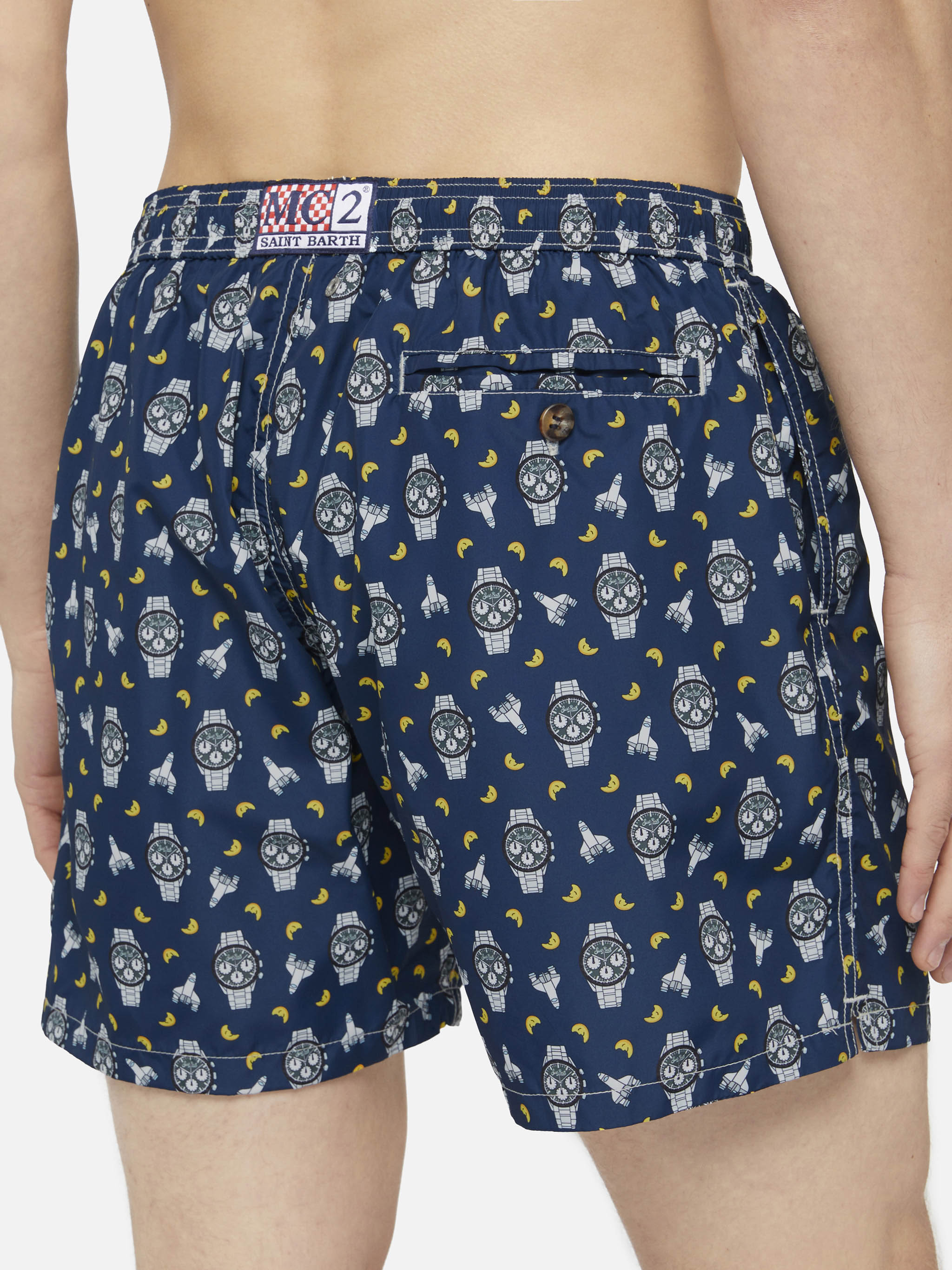 Lightweight Fabric Swim Shorts Lighting With Watch And Moon Print Blue Swimshort