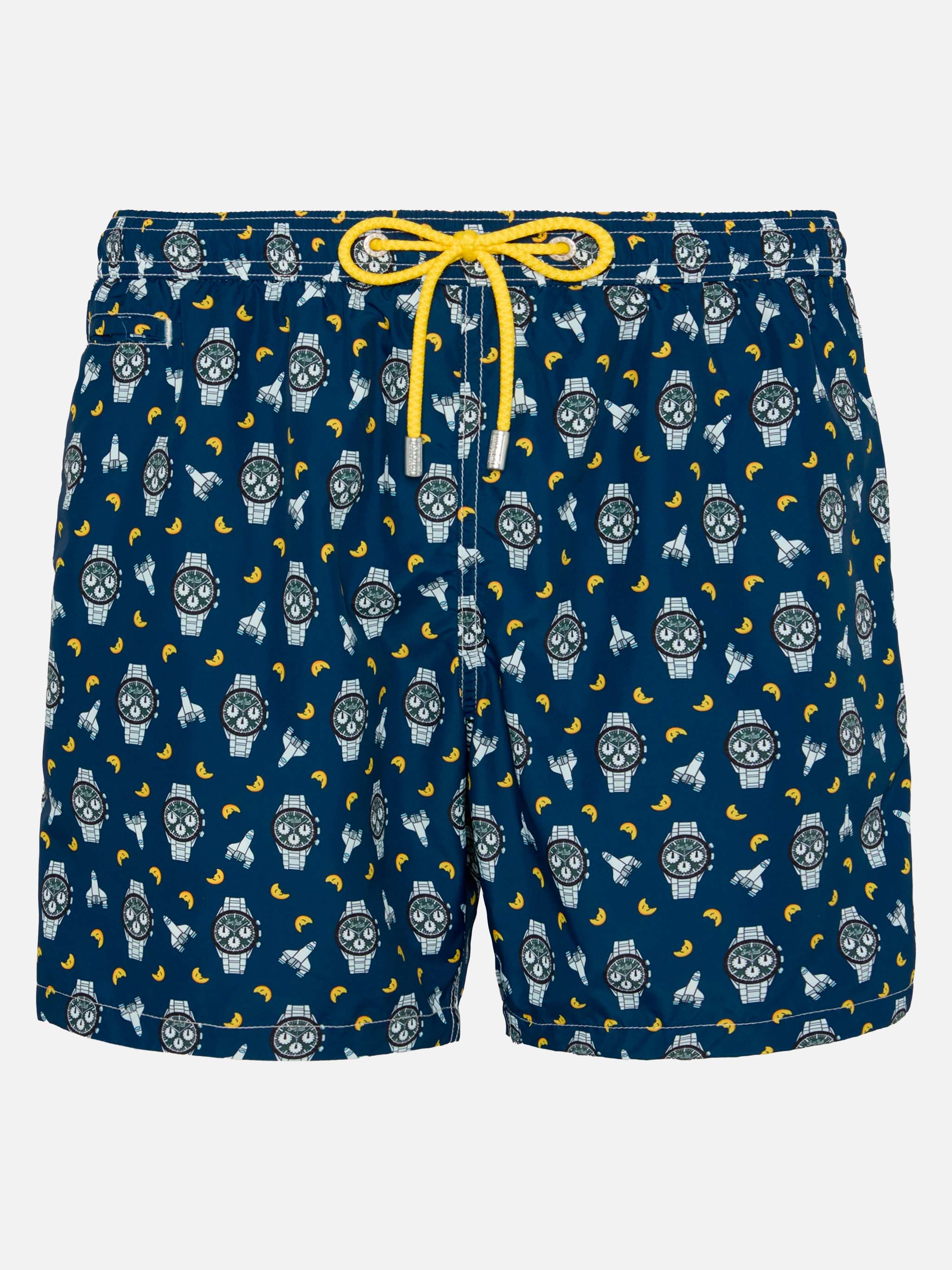 Lightweight Fabric Swim Shorts Lighting With Watch And Moon Print Blue Swimshort