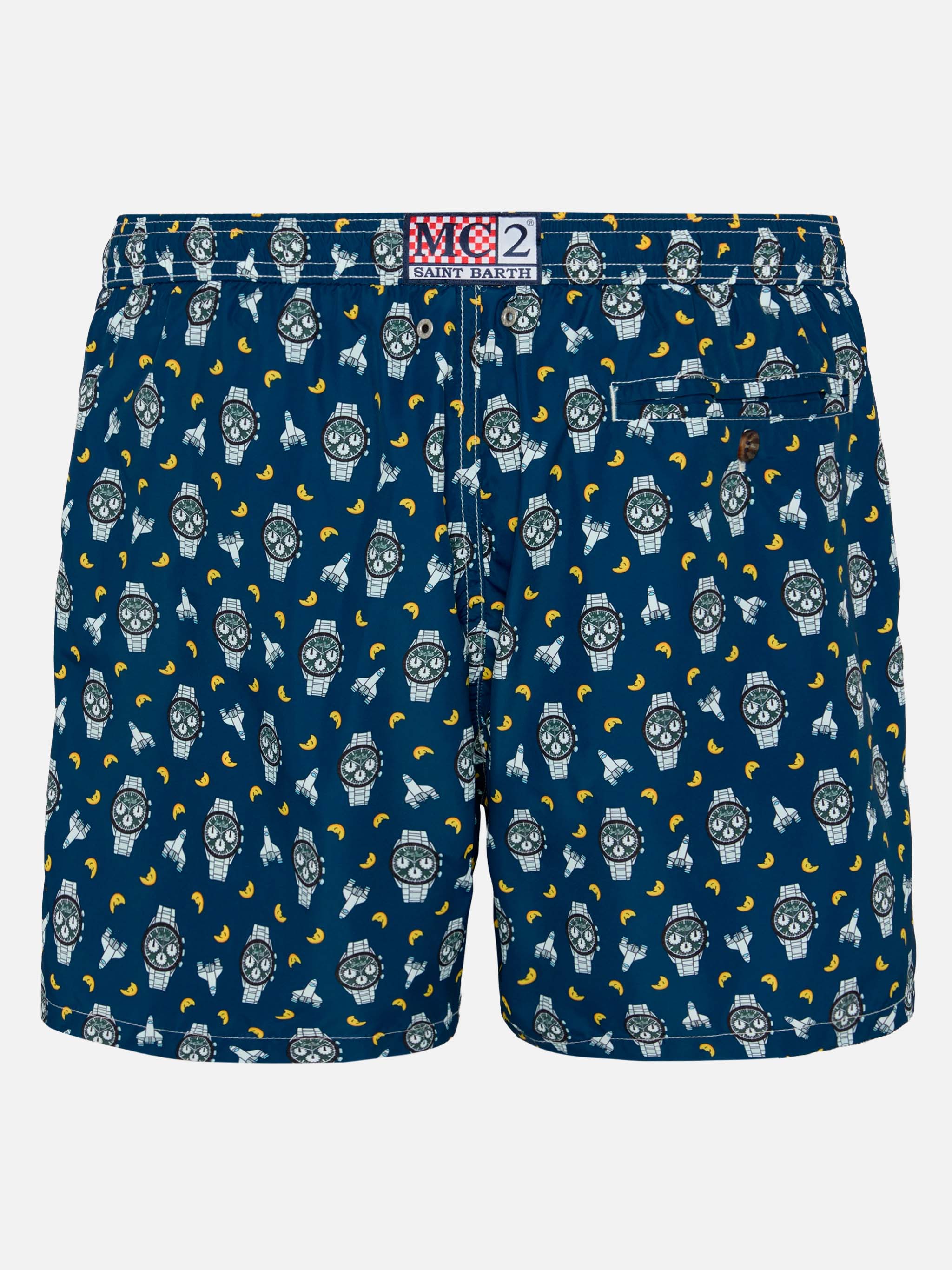 Lightweight Fabric Swim Shorts Lighting With Watch And Moon Print Blue Swimshort