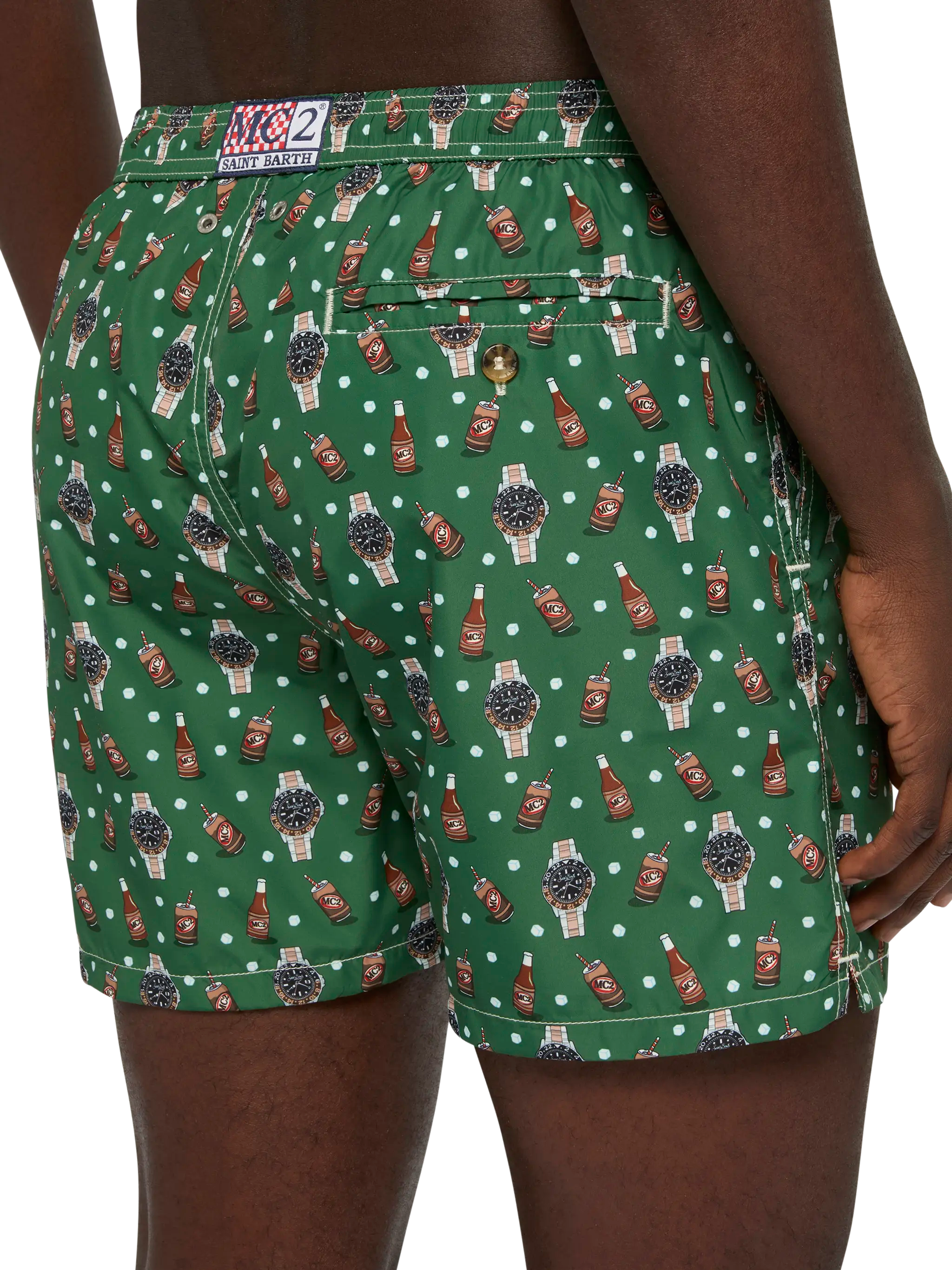 Lightweight Fabric Swim Shorts Lighting With Watch And Beer Print Green Swimshort