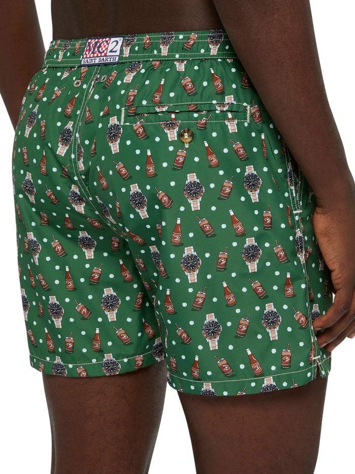 Lightweight Fabric Swim Shorts Lighting With Watch And Beer Print Green Swimshort
