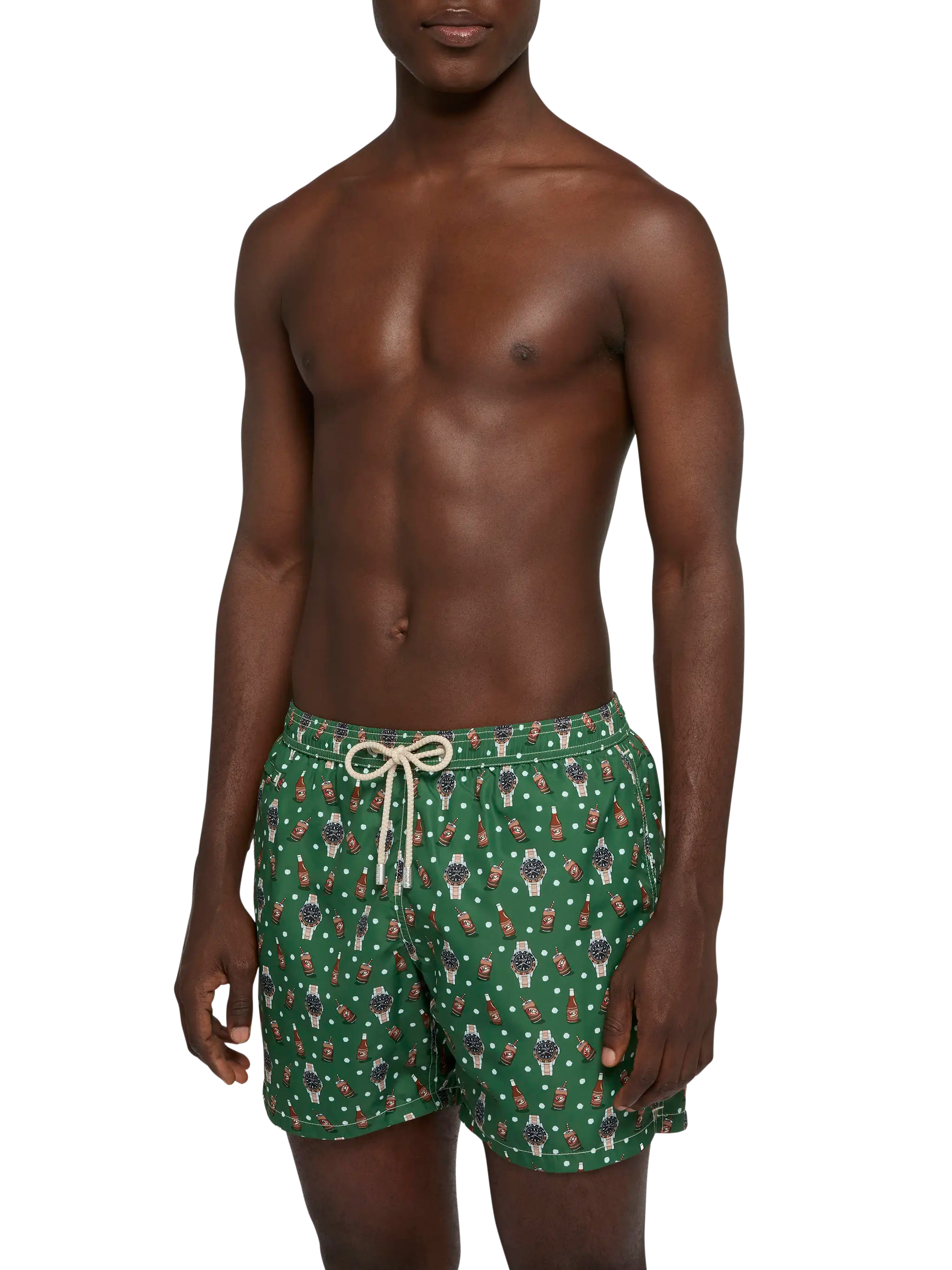 Lightweight Fabric Swim Shorts Lighting With Watch And Beer Print Green Swimshort