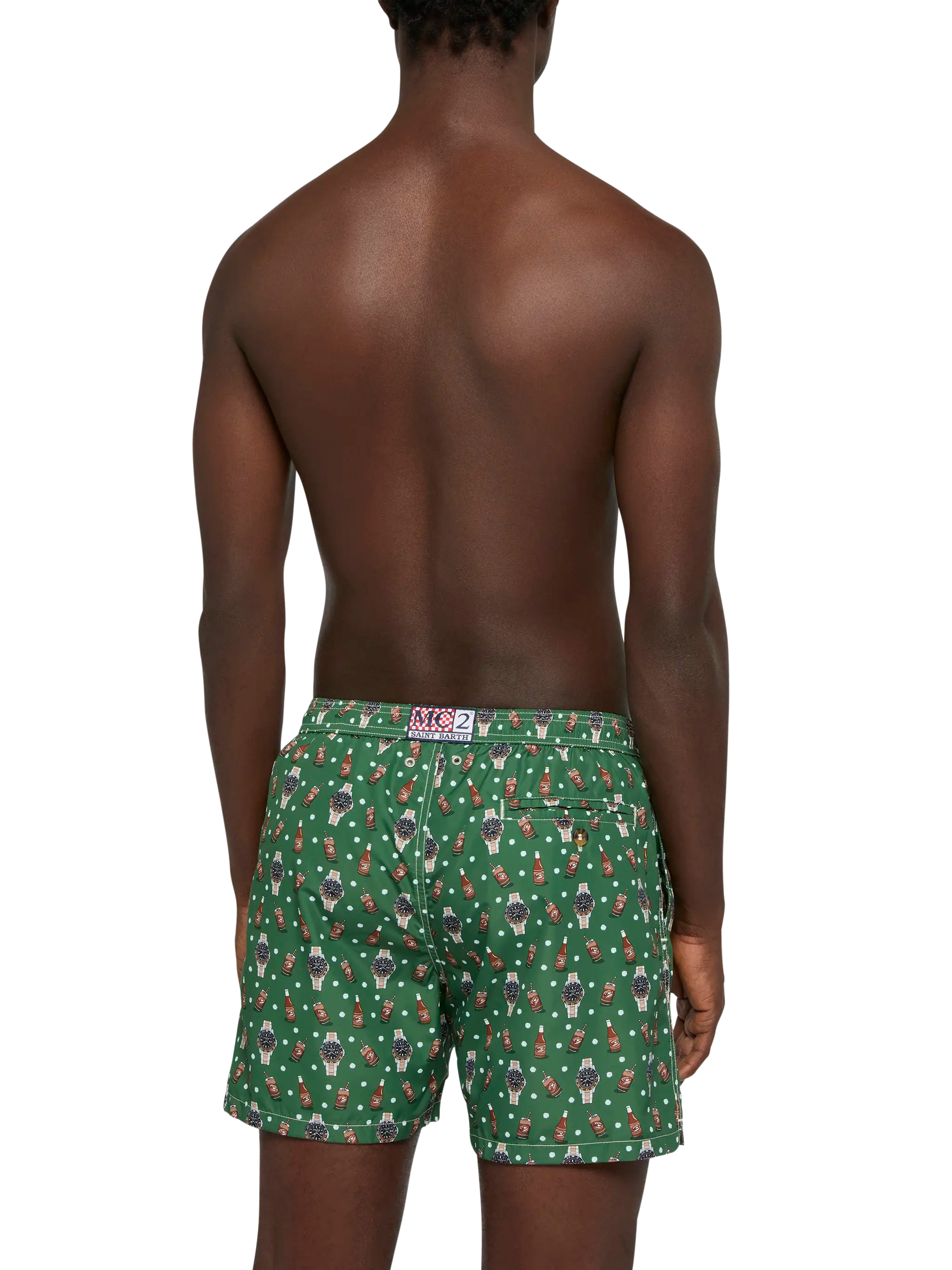 Lightweight Fabric Swim Shorts Lighting With Watch And Beer Print Green Swimshort
