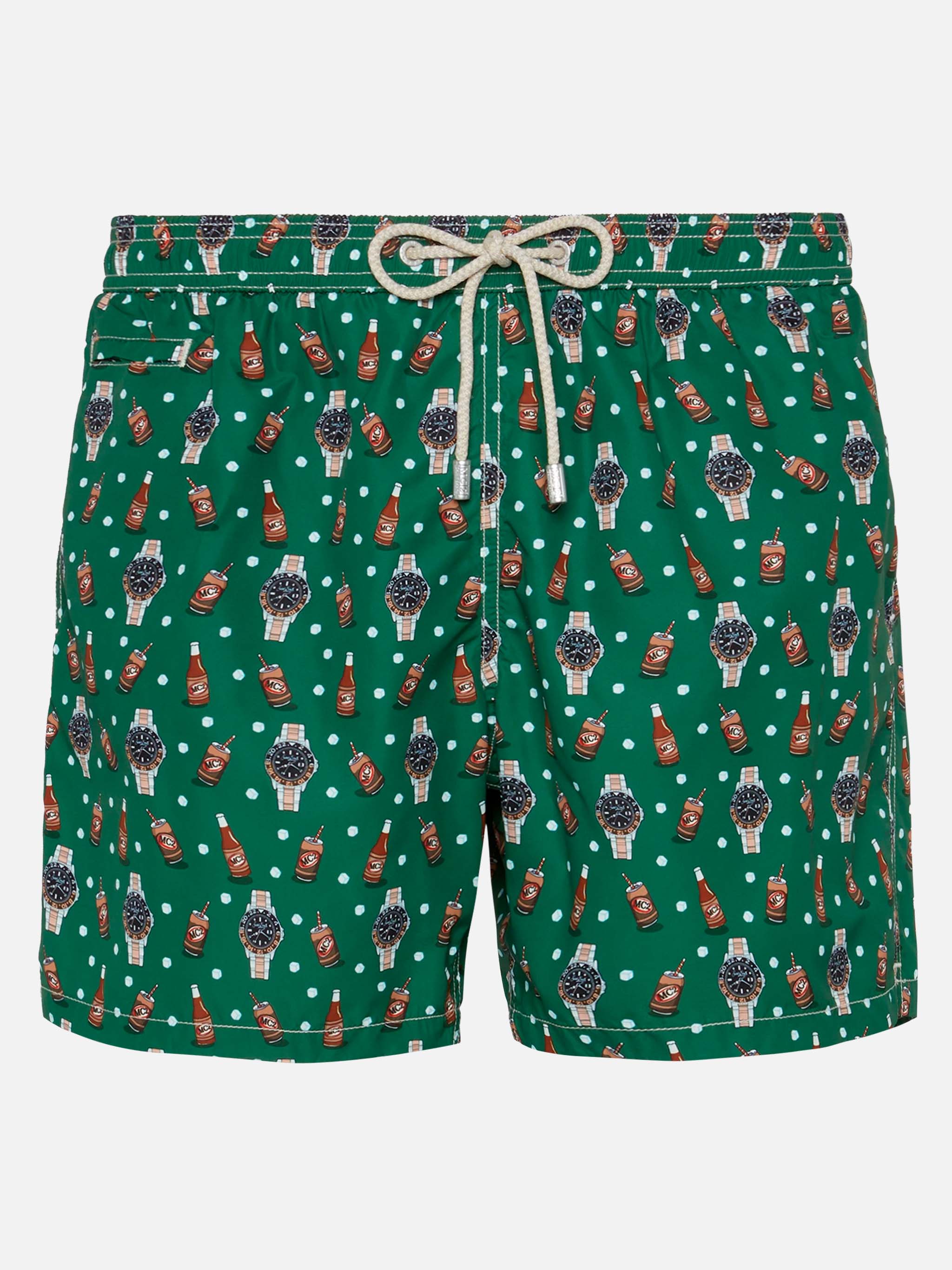Lightweight Fabric Swim Shorts Lighting With Watch And Beer Print Green Swimshort