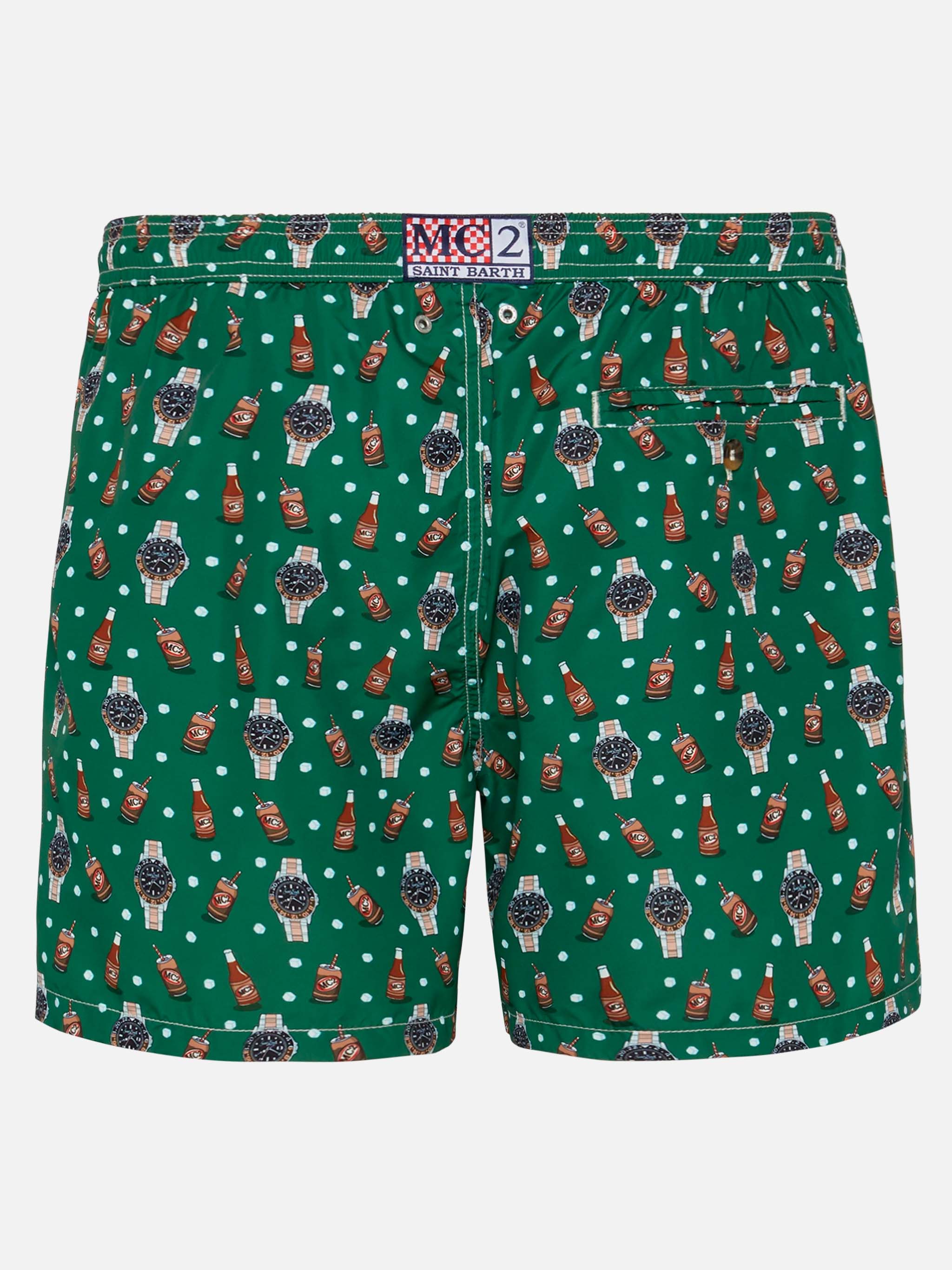 Lightweight Fabric Swim Shorts Lighting With Watch And Beer Print Green Swimshort