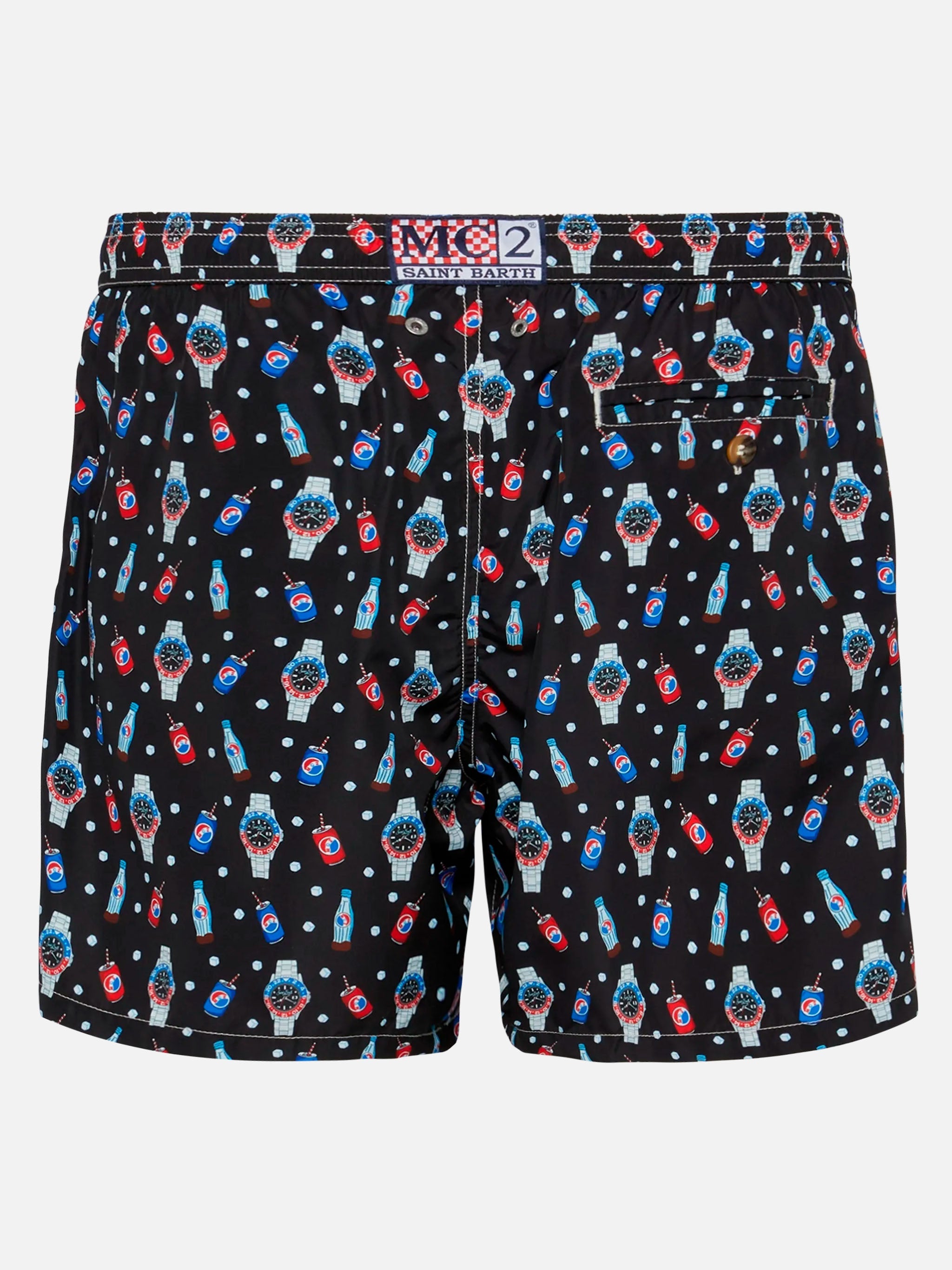 Lightweight Fabric Swim Shorts Lighting With Watch Print Black Swimshort