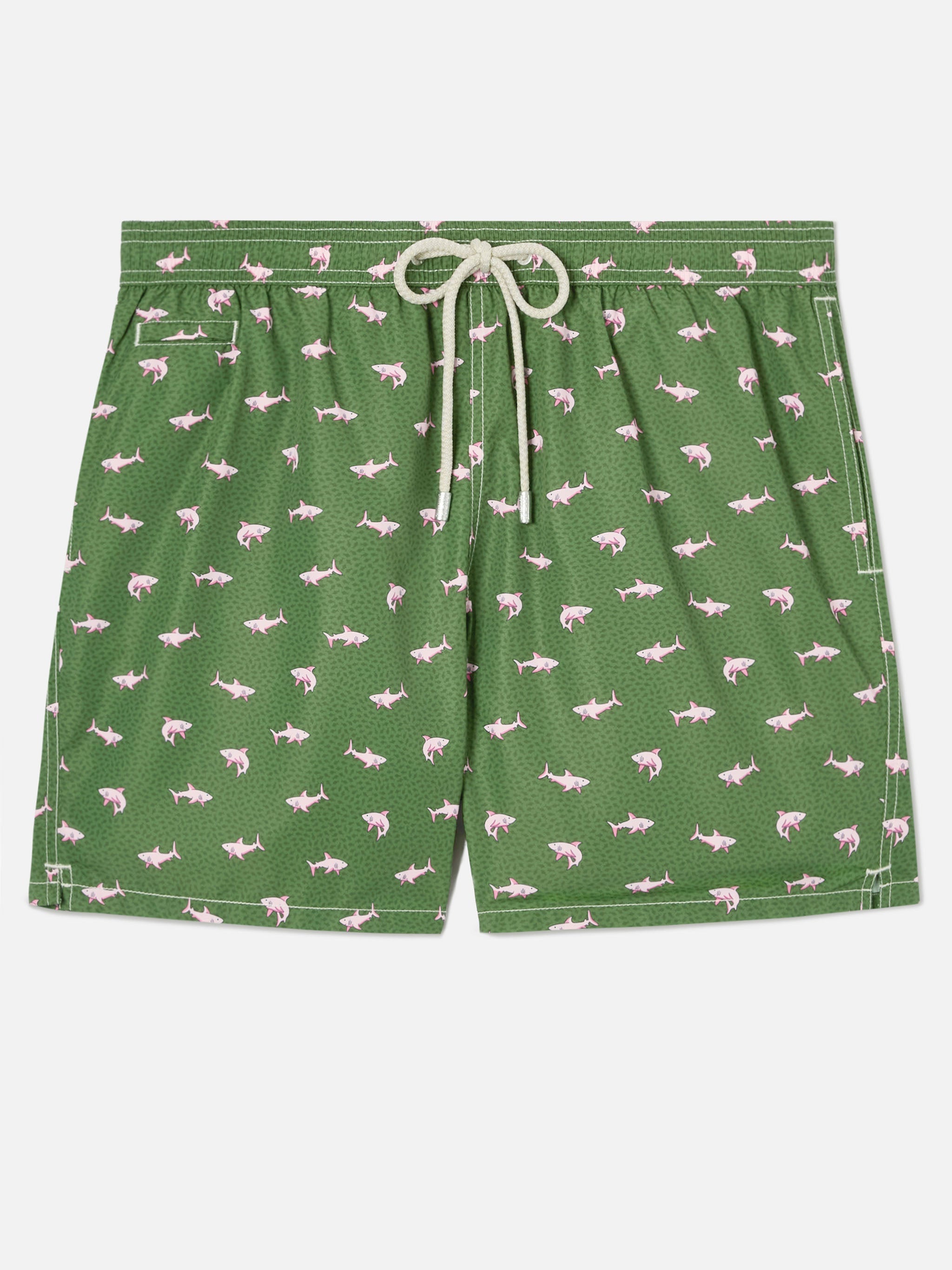 Green Lighting Micro Swim Shorts With Pink Sharks Print Swimshort
