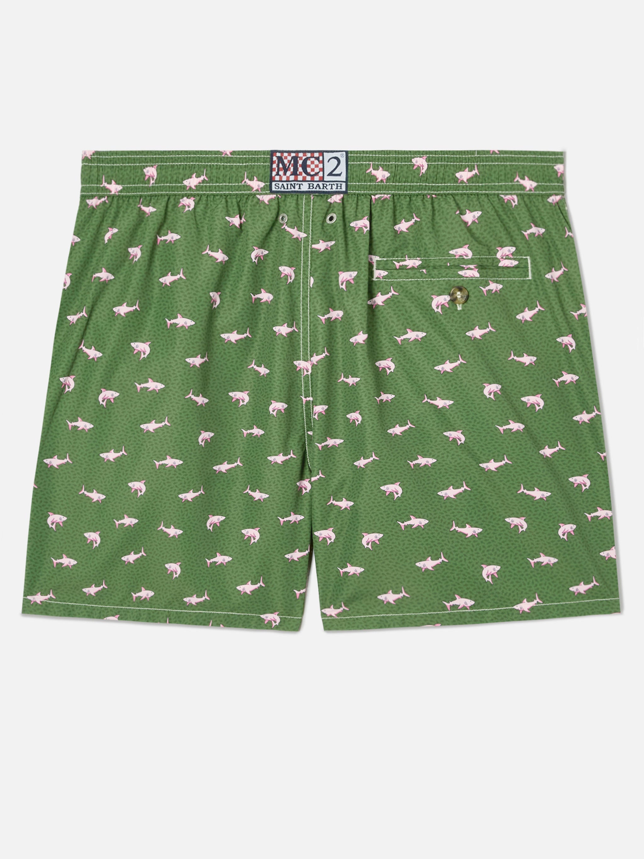 Green Lighting Micro Swim Shorts With Pink Sharks Print Swimshort