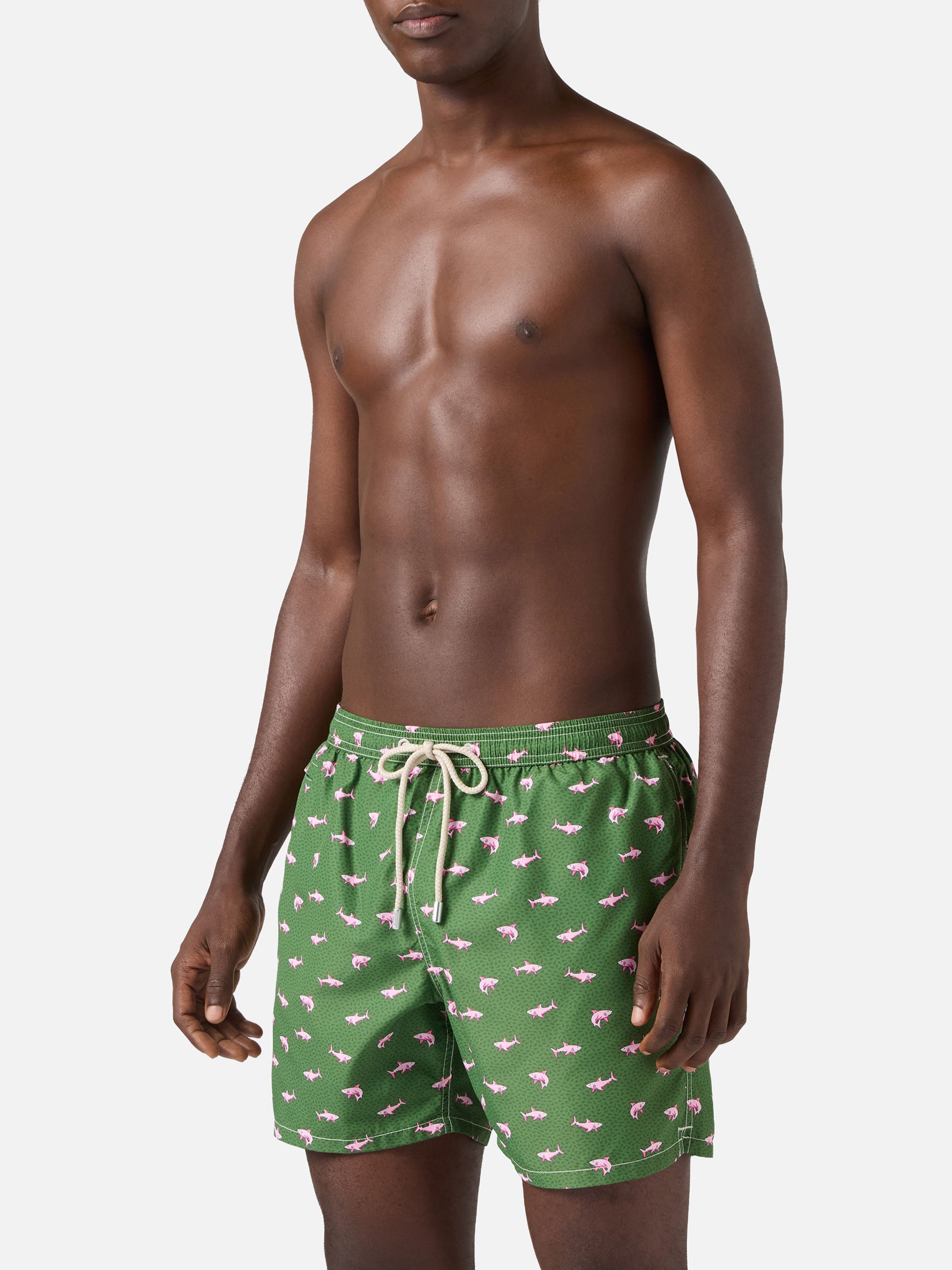 Green Lighting Micro Swim Shorts With Pink Sharks Print Swimshort