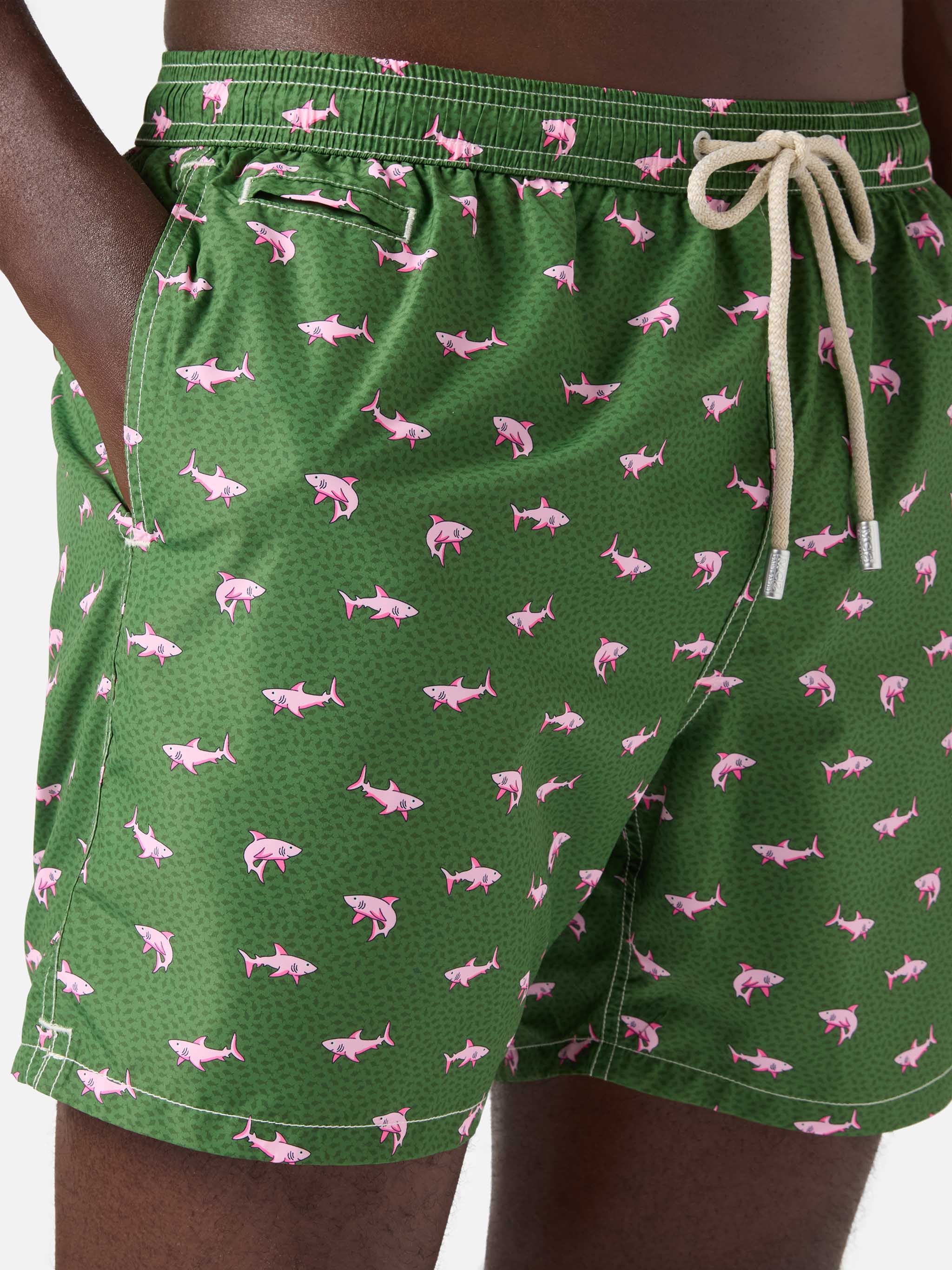 Green Lighting Micro Swim Shorts With Pink Sharks Print Swimshort