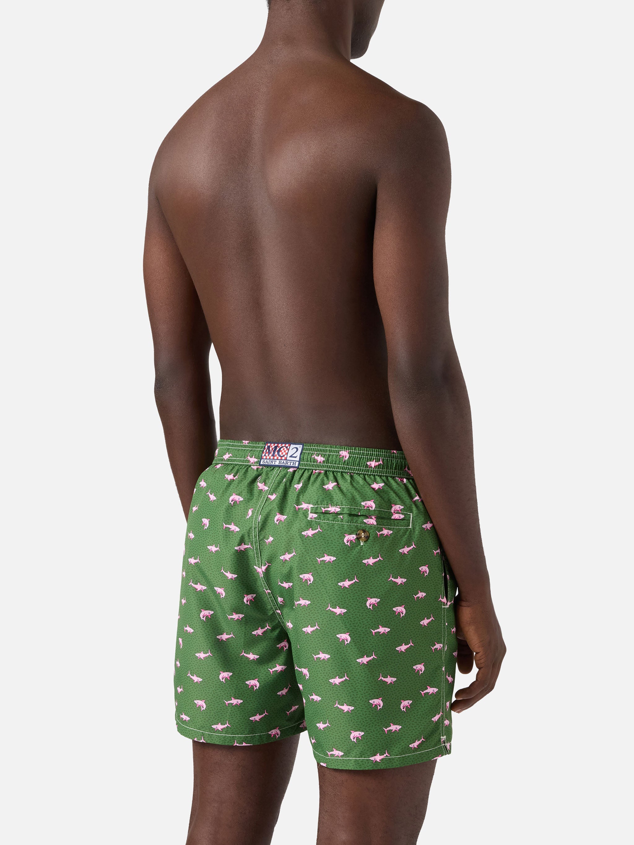 Green Lighting Micro Swim Shorts With Pink Sharks Print Swimshort