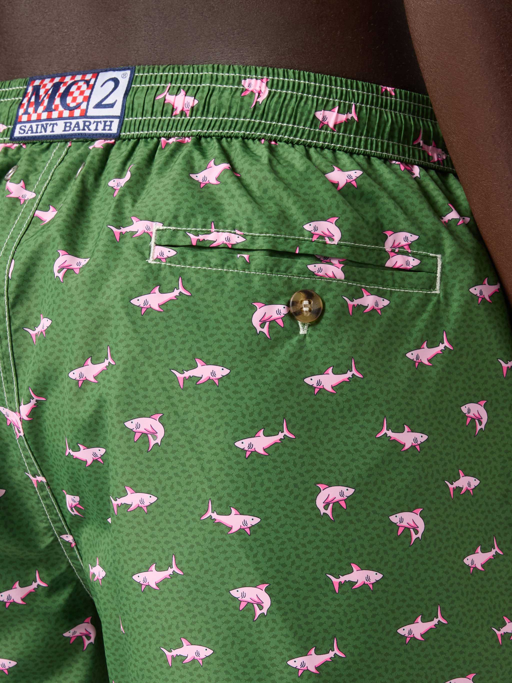Green Lighting Micro Swim Shorts With Pink Sharks Print Swimshort