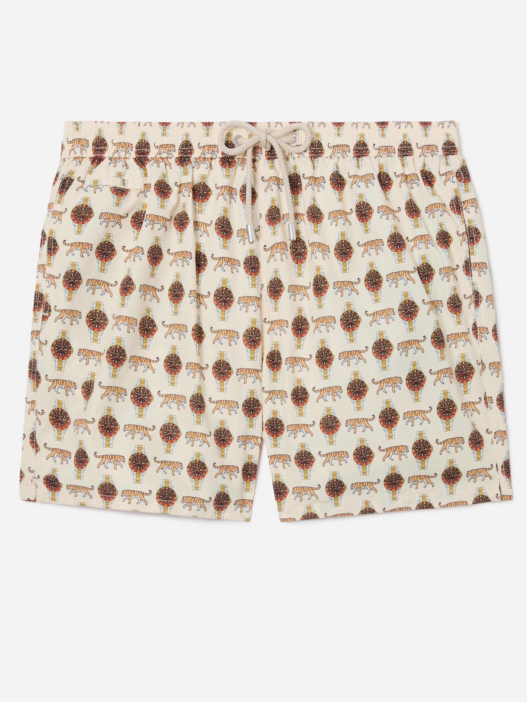 Beige Lighting Micro Swim Shorts With Wild Watch Print Brown Swimshort