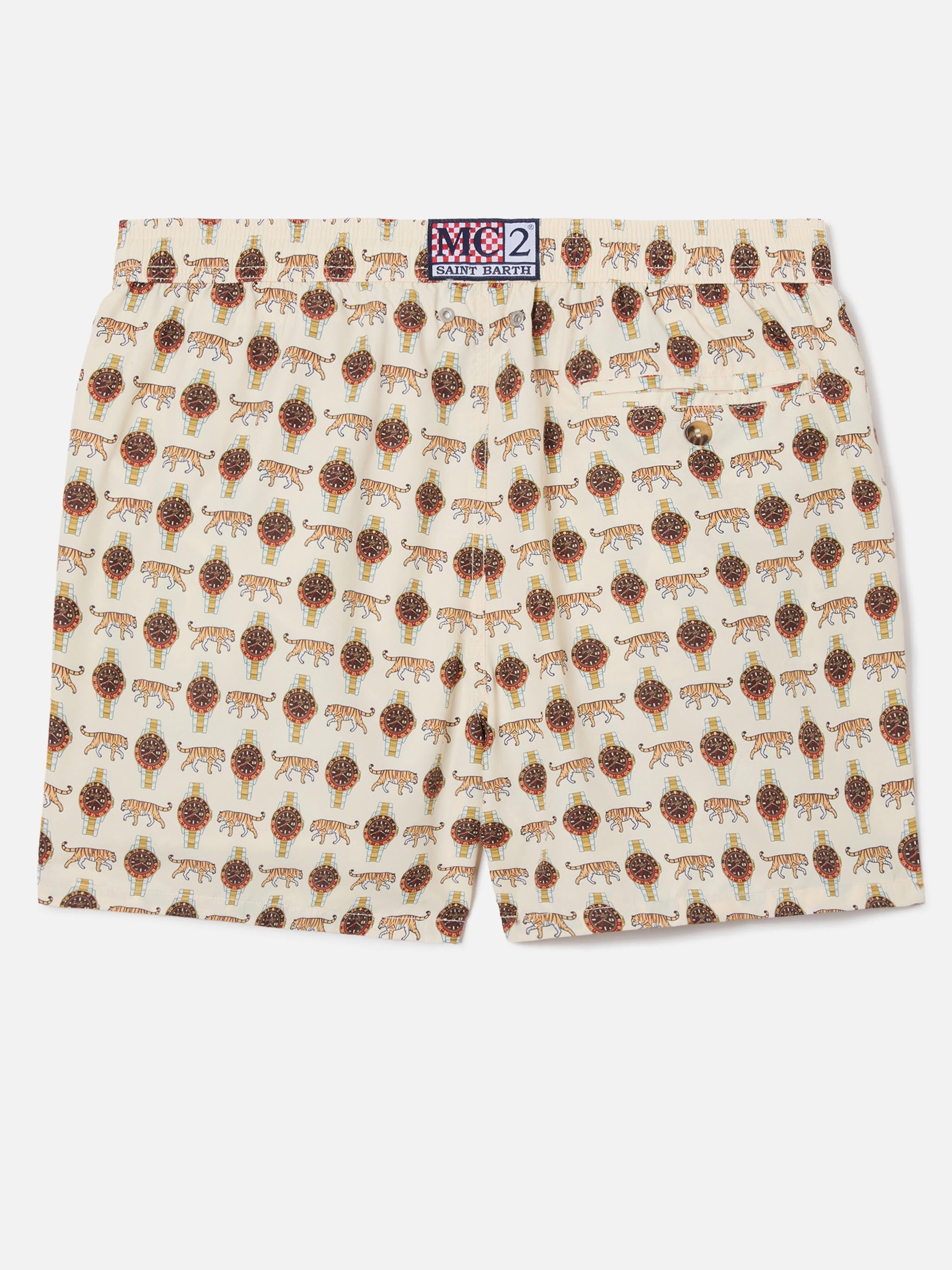 Beige Lighting Micro Swim Shorts With Wild Watch Print Brown Swimshort