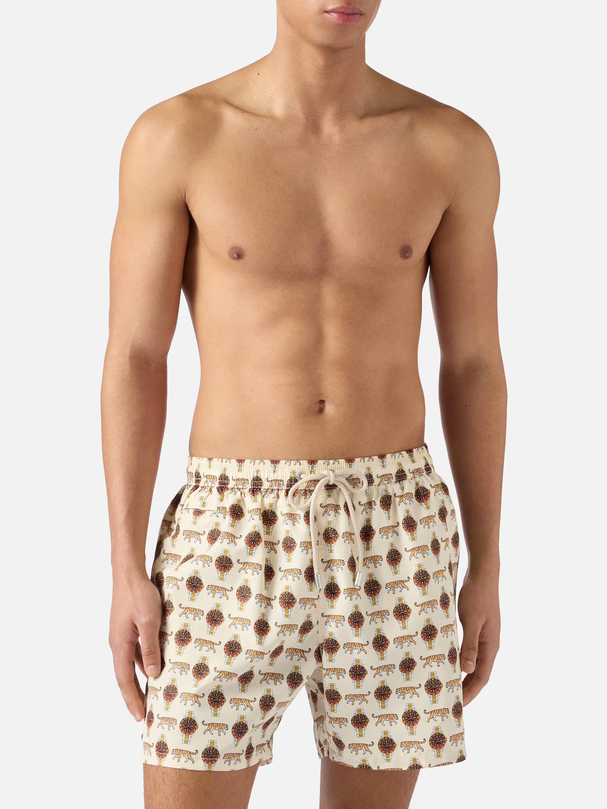 Beige Lighting Micro Swim Shorts With Wild Watch Print Brown Swimshort