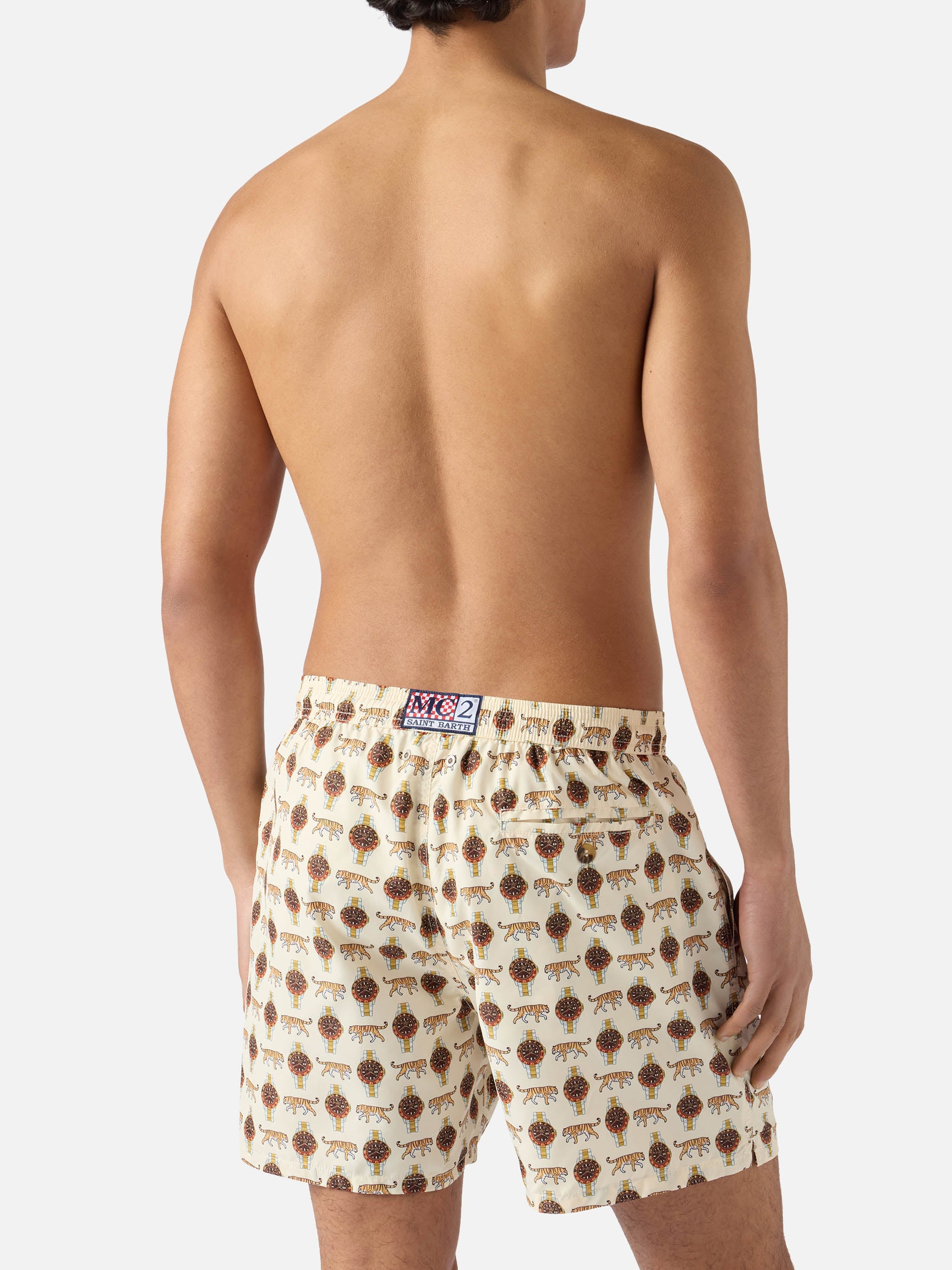 Beige Lighting Micro Swim Shorts With Wild Watch Print Brown Swimshort
