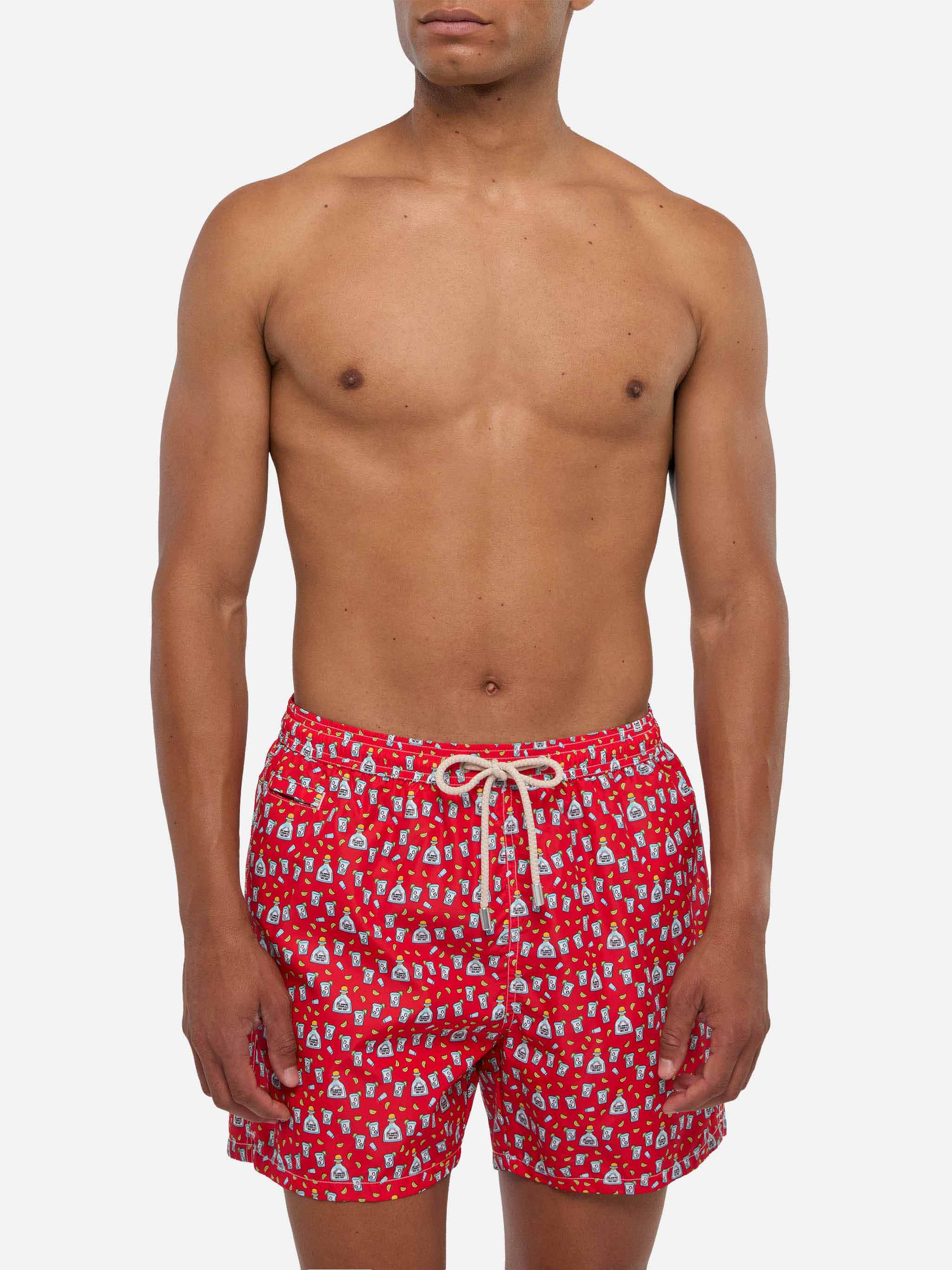 Man Light Fabric Swim Shorts With Tequila Print Red Swimshort
