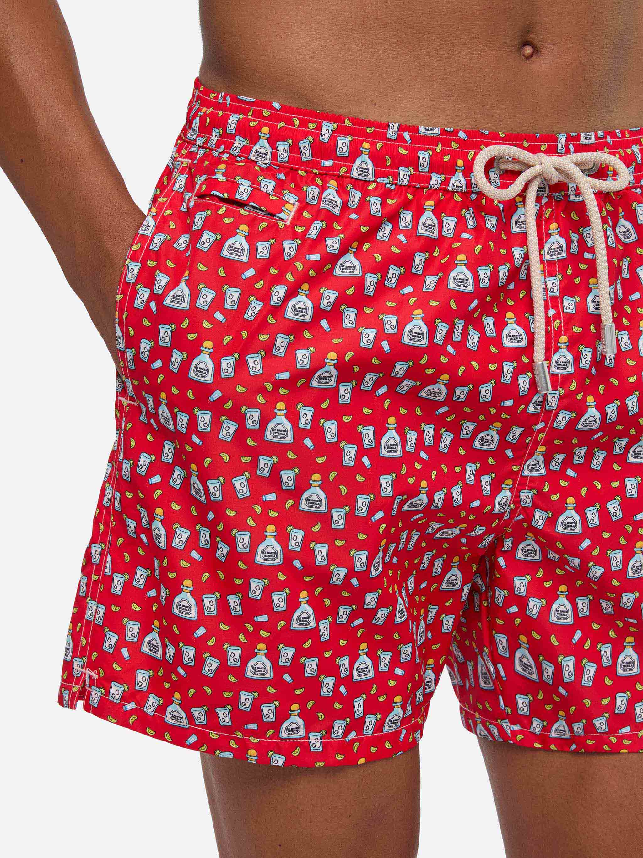 Man Light Fabric Swim Shorts With Tequila Print Red Swimshort