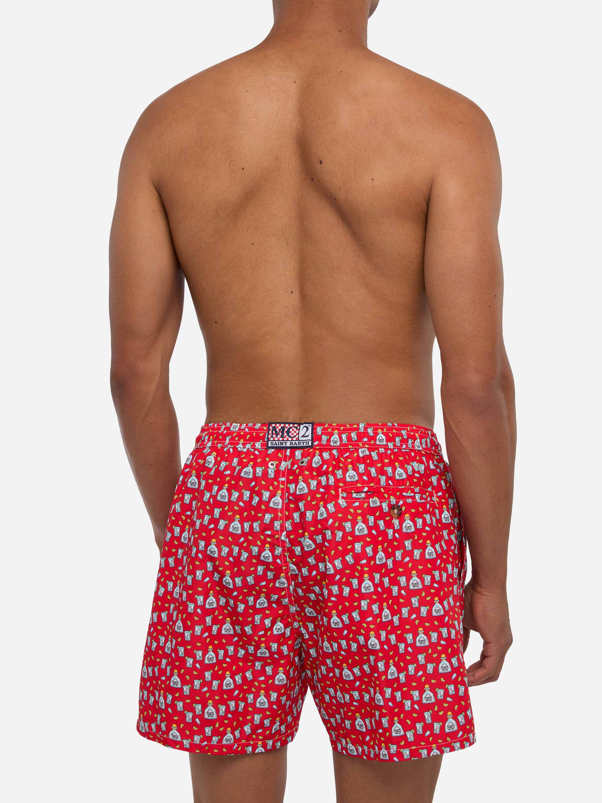 Man Light Fabric Swim Shorts With Tequila Print Red Swimshort