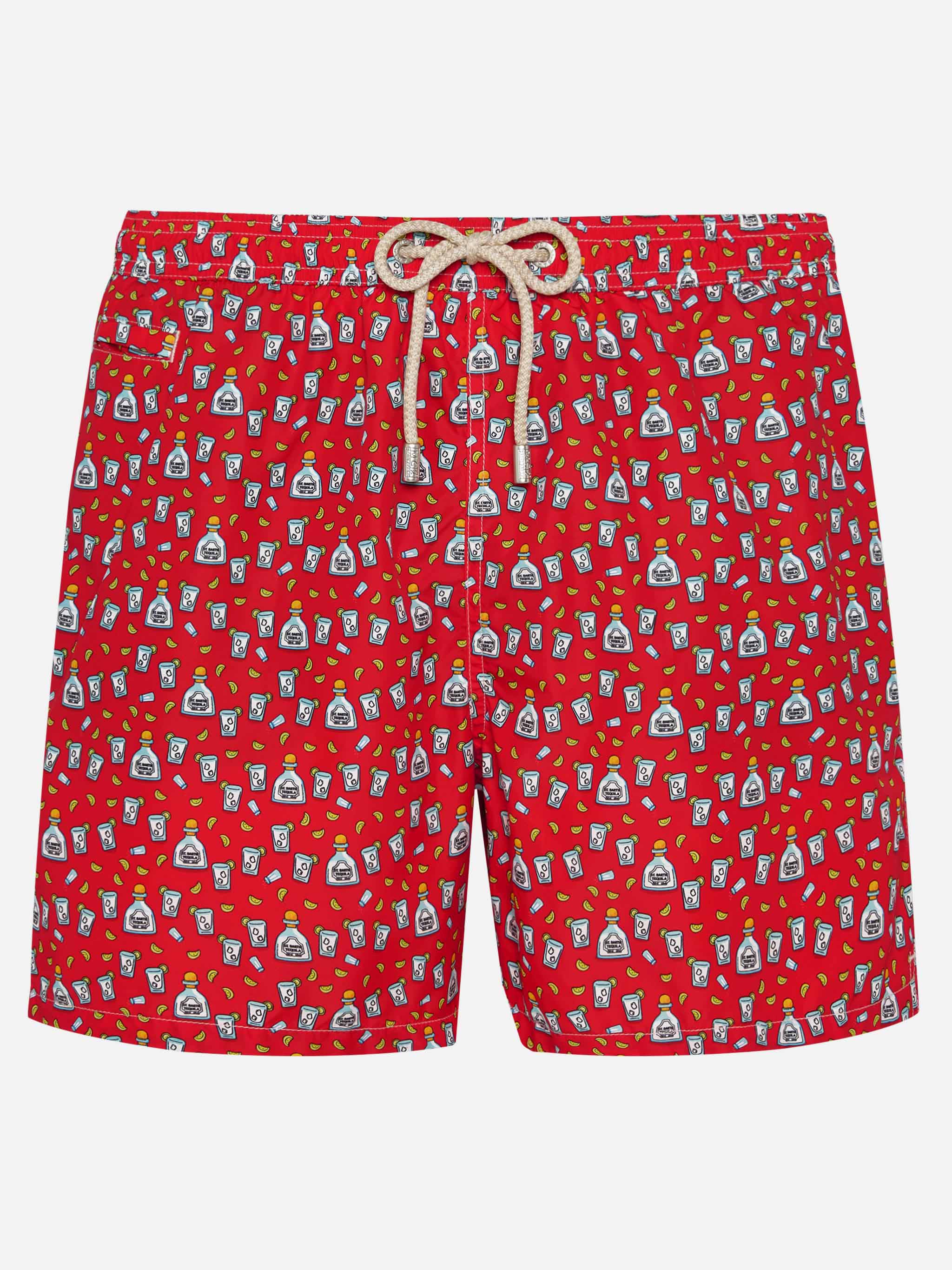 Man Light Fabric Swim Shorts With Tequila Print Red Swimshort