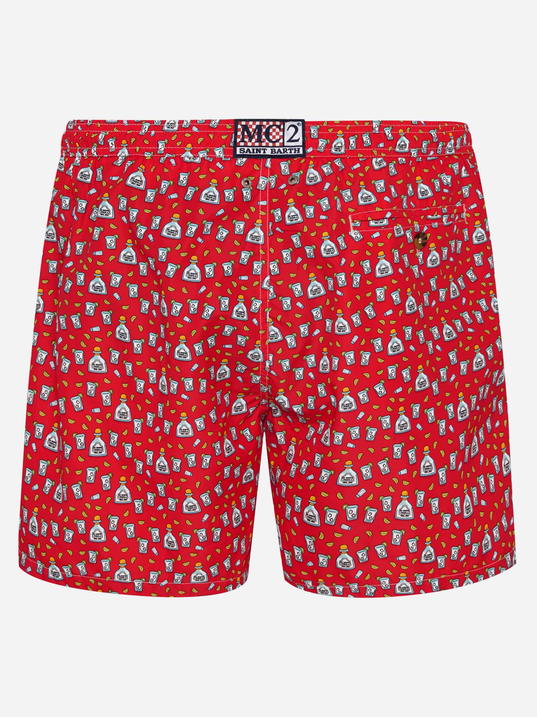 Man Light Fabric Swim Shorts With Tequila Print Red Swimshort