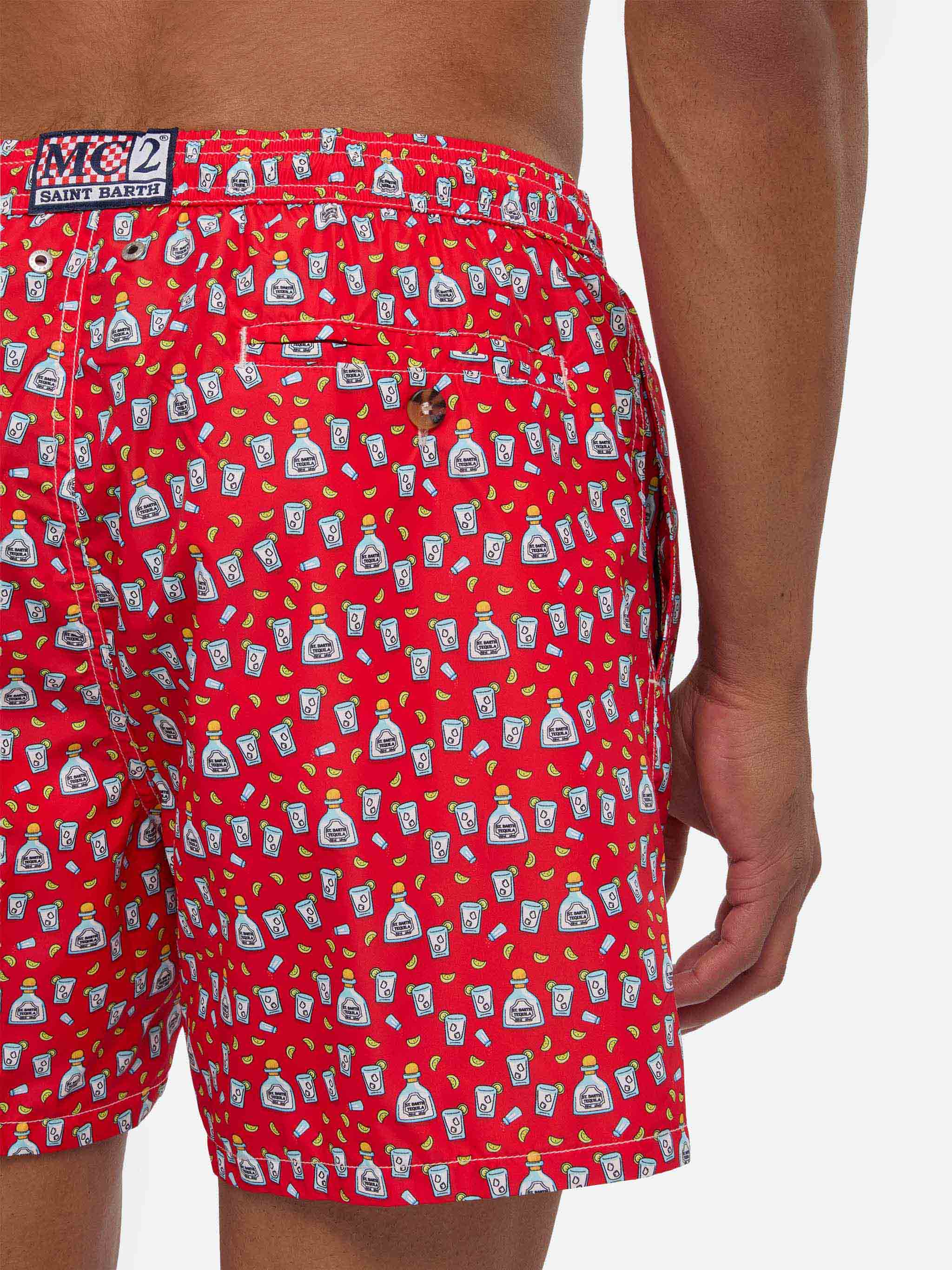 Man Light Fabric Swim Shorts With Tequila Print Red Swimshort