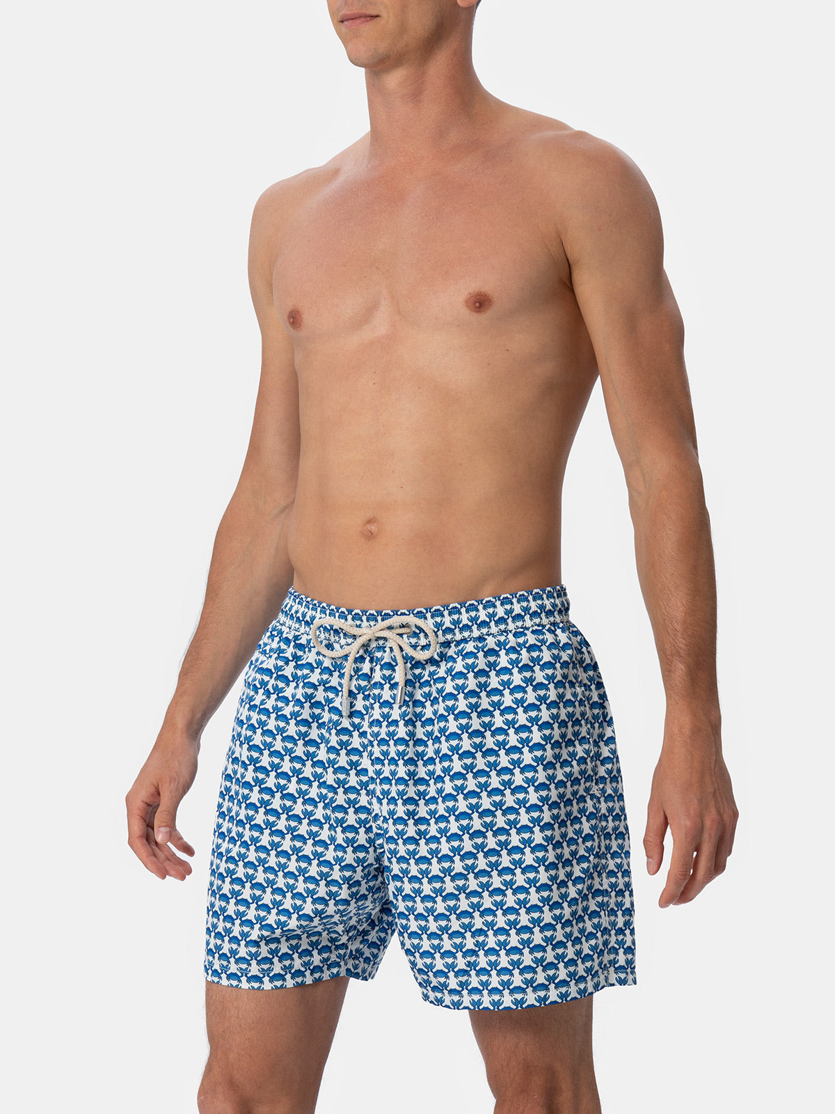 Man Lightweight Fabric Swim-Shorts Lighting Micro Fantasy With Crab Print White Swimshort