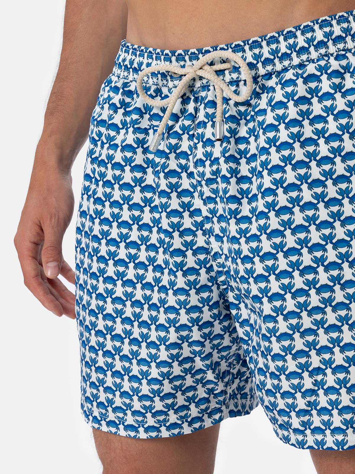 Man Lightweight Fabric Swim-Shorts Lighting Micro Fantasy With Crab Print White Swimshort