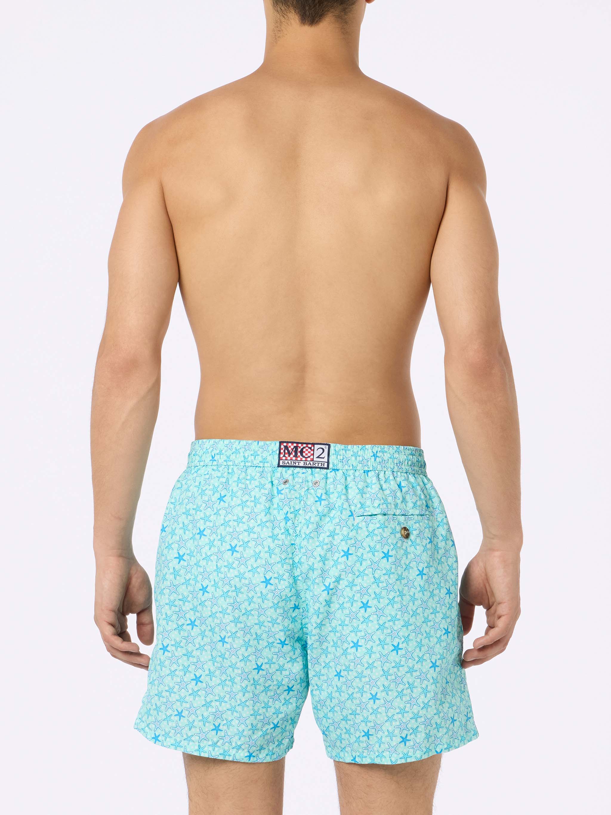 Man Lightweight Fabric Swim-Shorts Lighting Micro Fantasy With Starfishes Print Green Swimshort