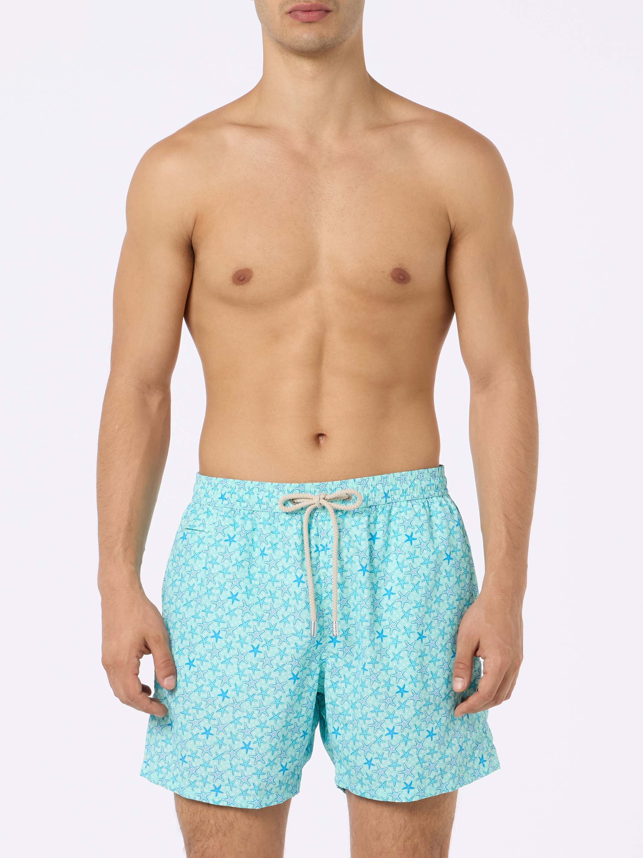 Man Lightweight Fabric Swim-Shorts Lighting Micro Fantasy With Starfishes Print Green Swimshort