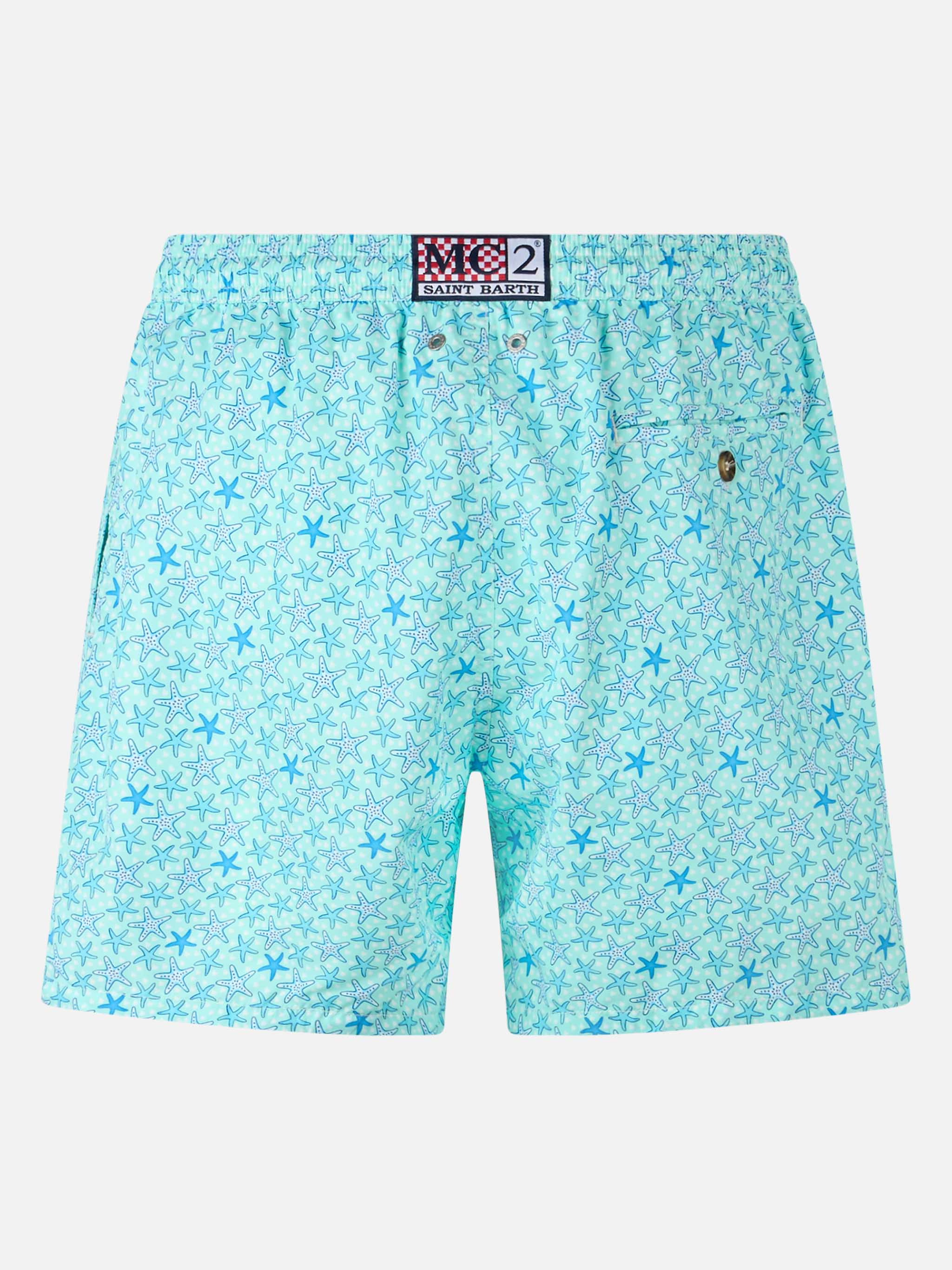 Man Lightweight Fabric Swim-Shorts Lighting Micro Fantasy With Starfishes Print Green Swimshort
