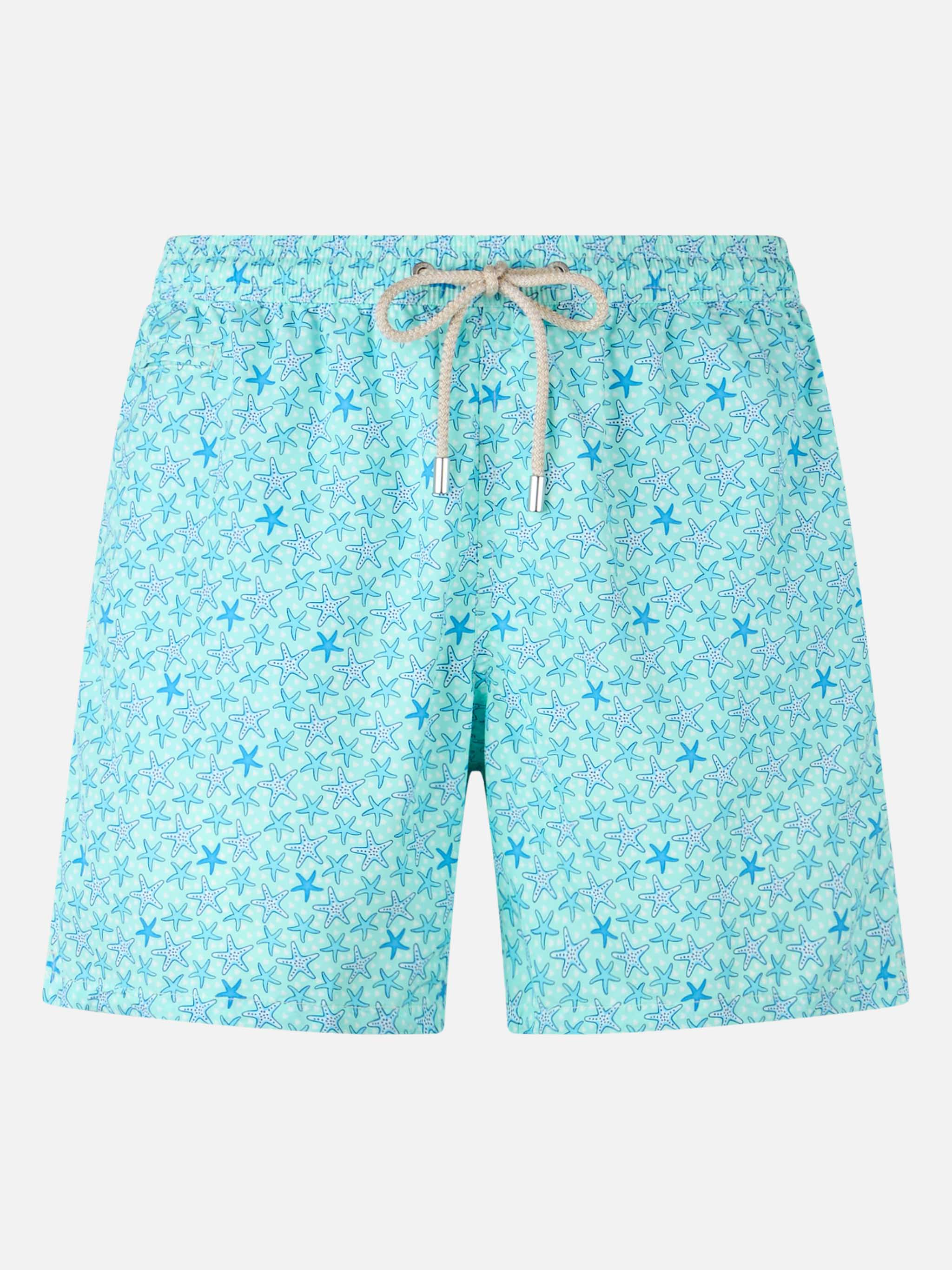 Man Lightweight Fabric Swim-Shorts Lighting Micro Fantasy With Starfishes Print Green Swimshort