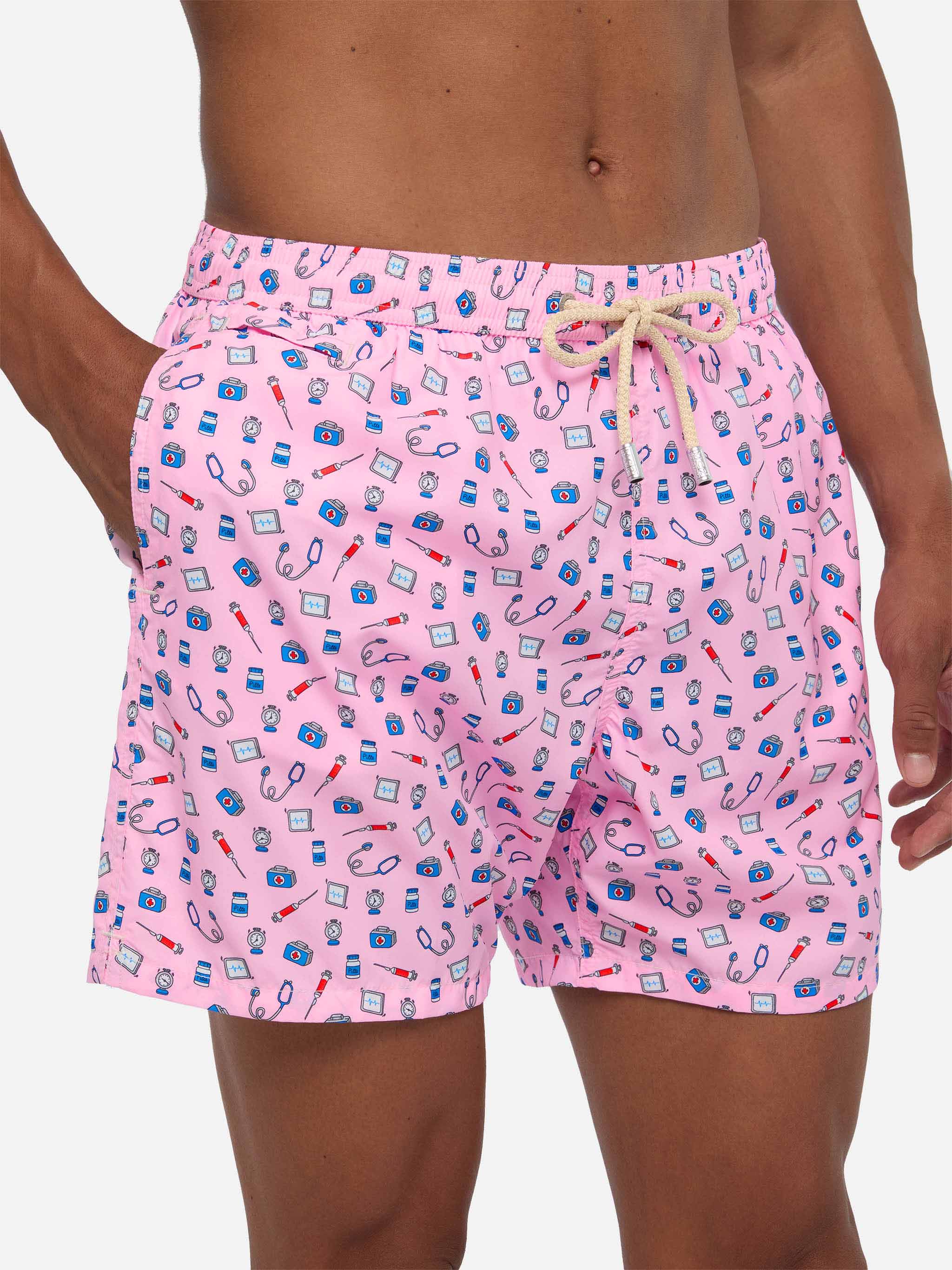 Lightweight Fabric Swim Shorts Lighting With Doctor Job Print Pink Swimshort