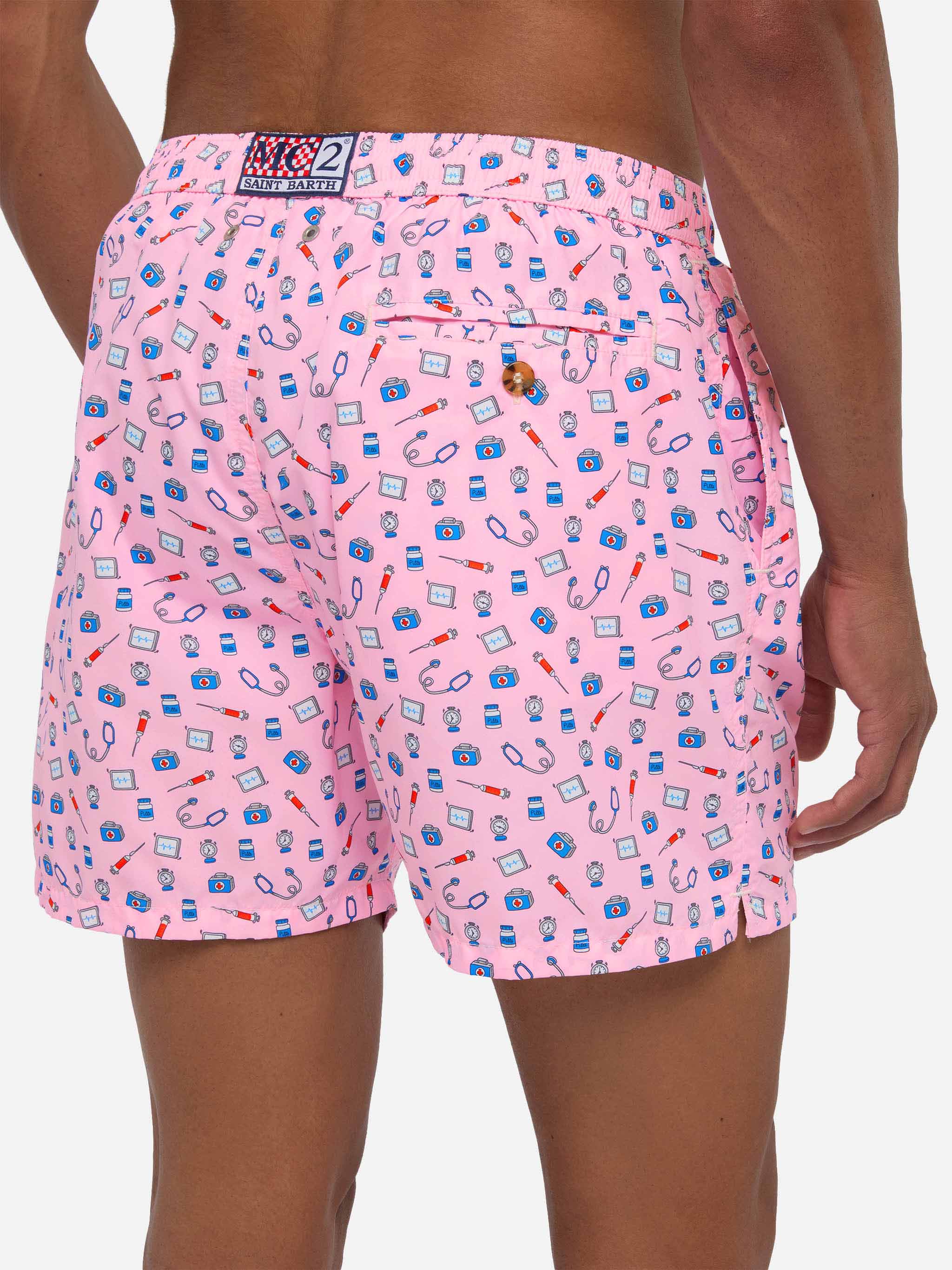 Lightweight Fabric Swim Shorts Lighting With Doctor Job Print Pink Swimshort