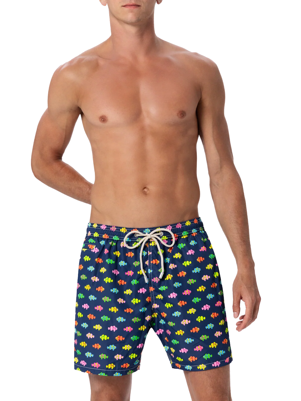 Man Lightweight Fabric Swim-Shorts Lighting Micro Fantasy With Clownfishes Print Blue Navy Swimshort