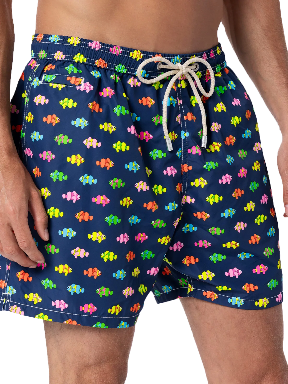 Man Lightweight Fabric Swim-Shorts Lighting Micro Fantasy With Clownfishes Print Blue Navy Swimshort