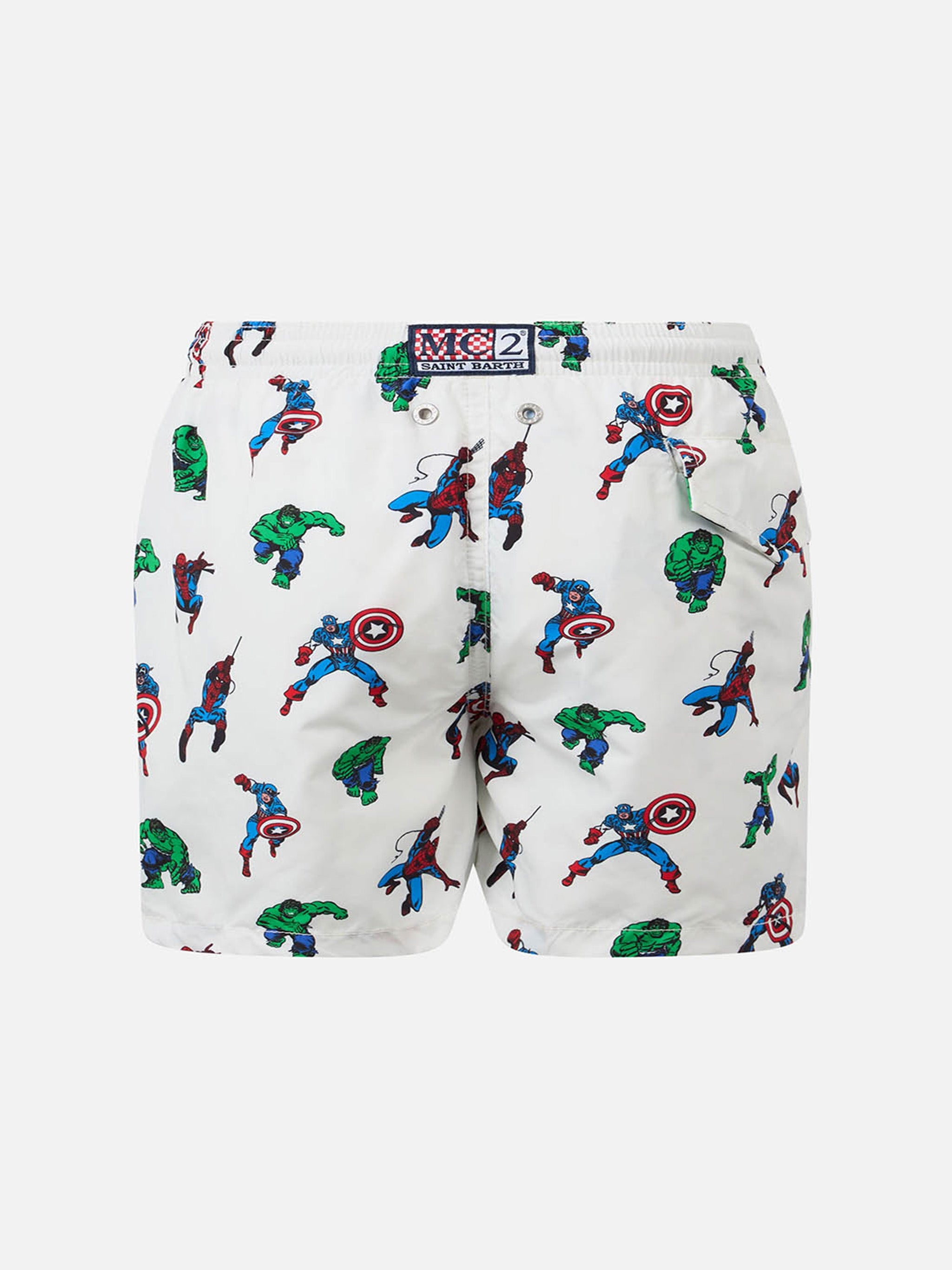 Boy Lightweight Fabric Swim-Shorts Jean Lighting With Marvel Superheroes Print | Special Edition White Swimshort