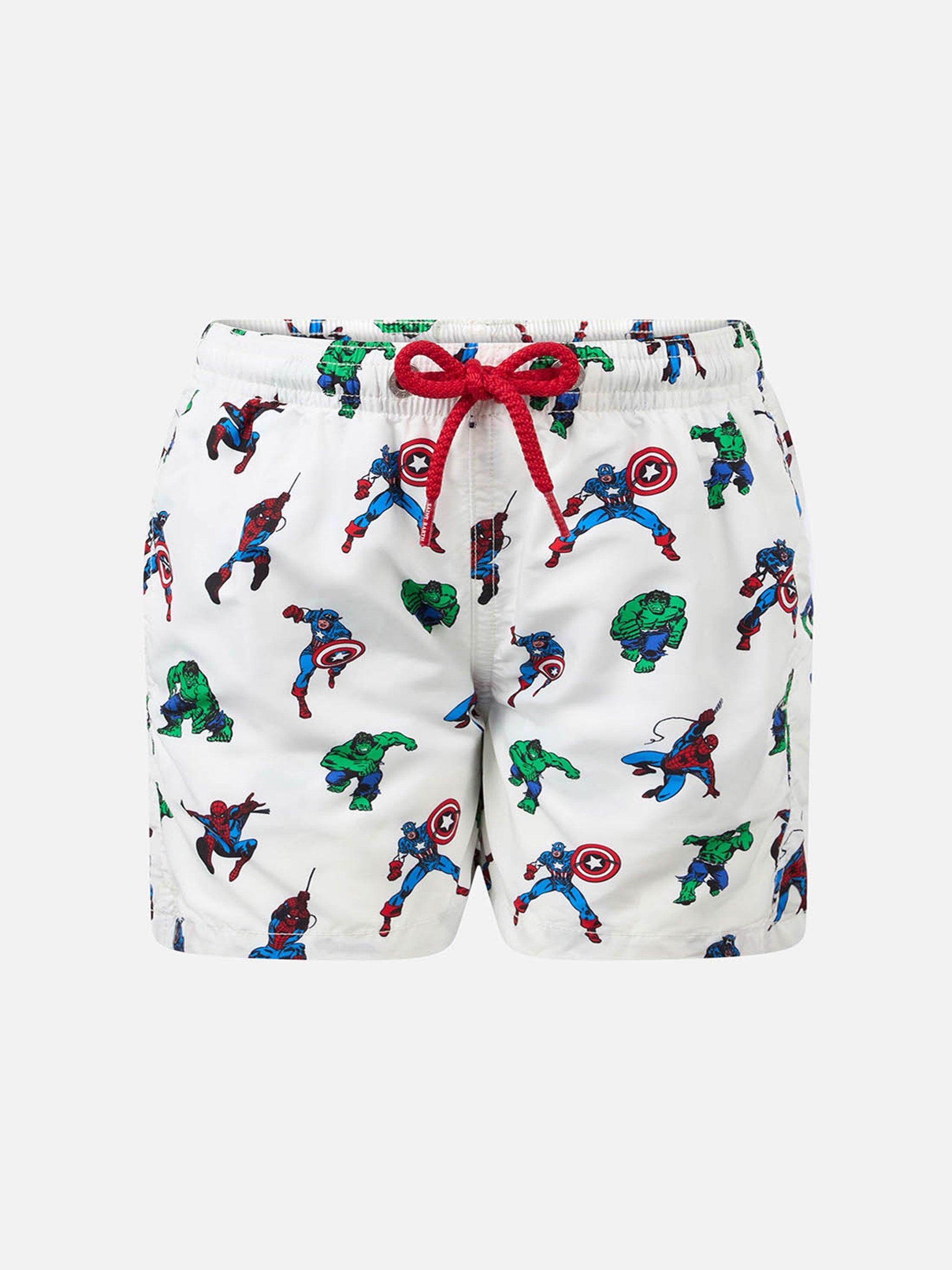 Boy Lightweight Fabric Swim-Shorts Jean Lighting With Marvel Superheroes Print | Special Edition White Swimshort