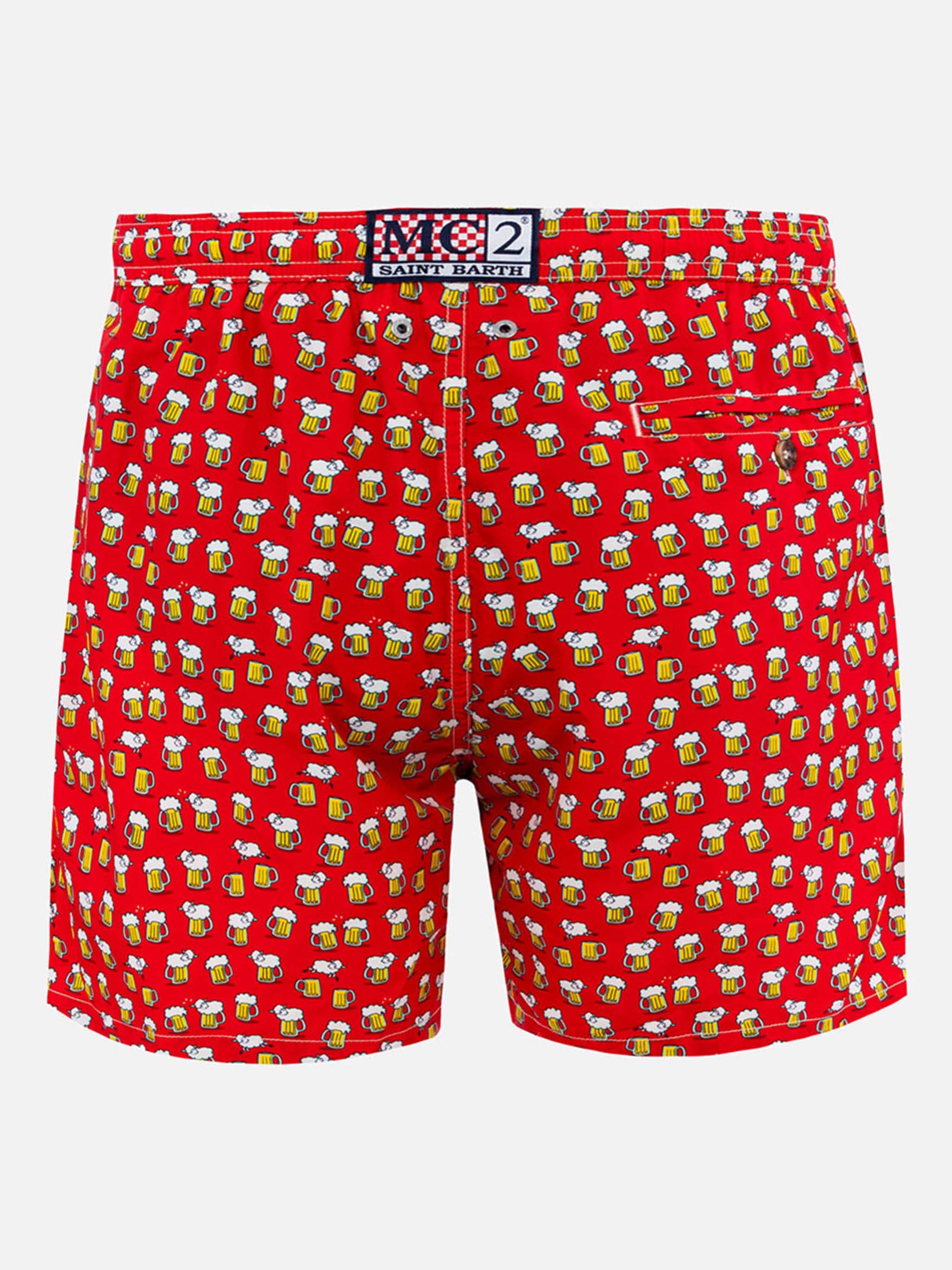 Man Lightweight Fabric Swim-Shorts Lighting Micro Fantasy With Beer Print Red Swimshort