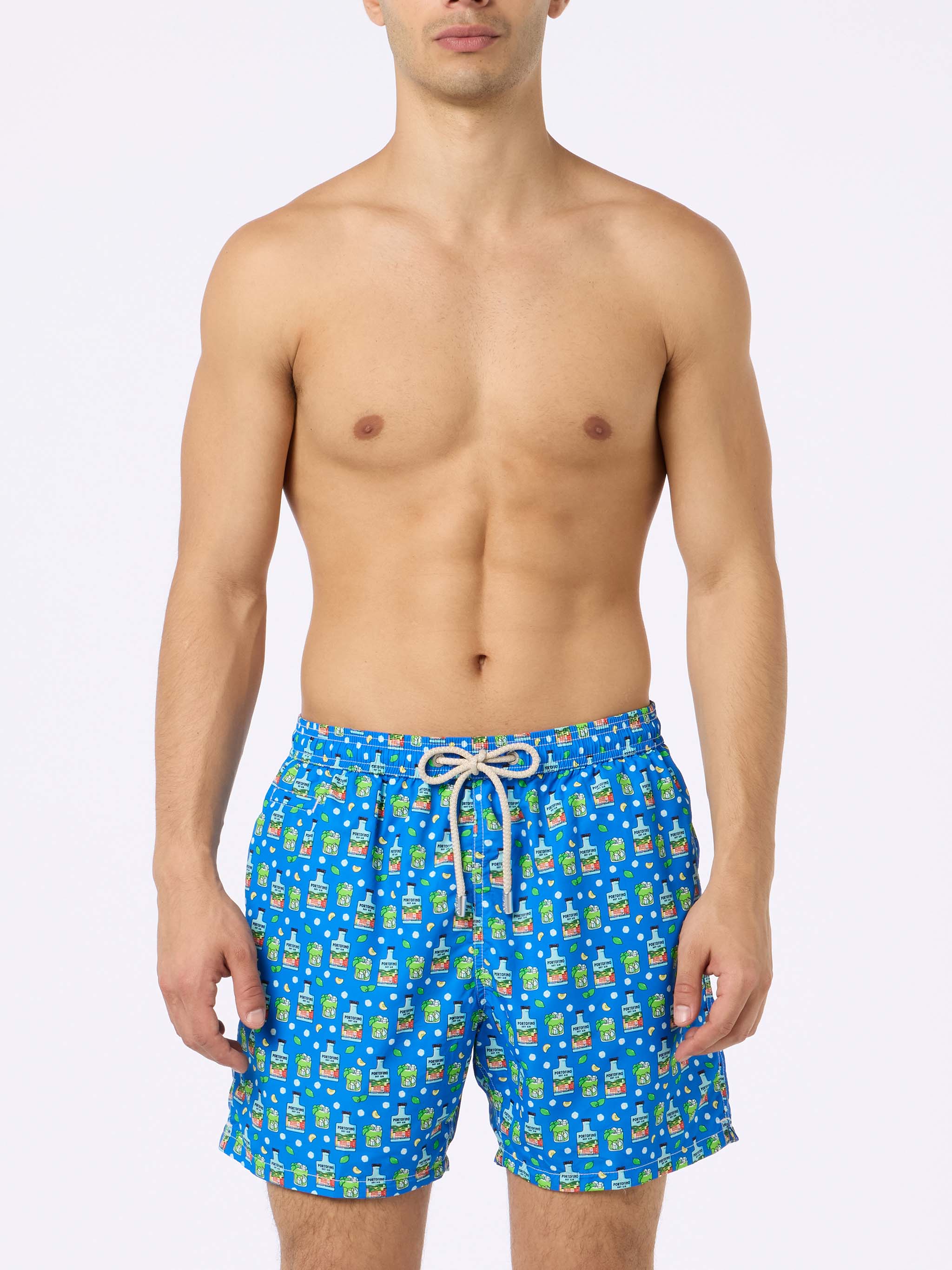 Man Lightweight Fabric Swim-Shorts Lighting Micro Fantasy With Paloma Portofino Gin Print | Dry Special Edition Sky Swimshort