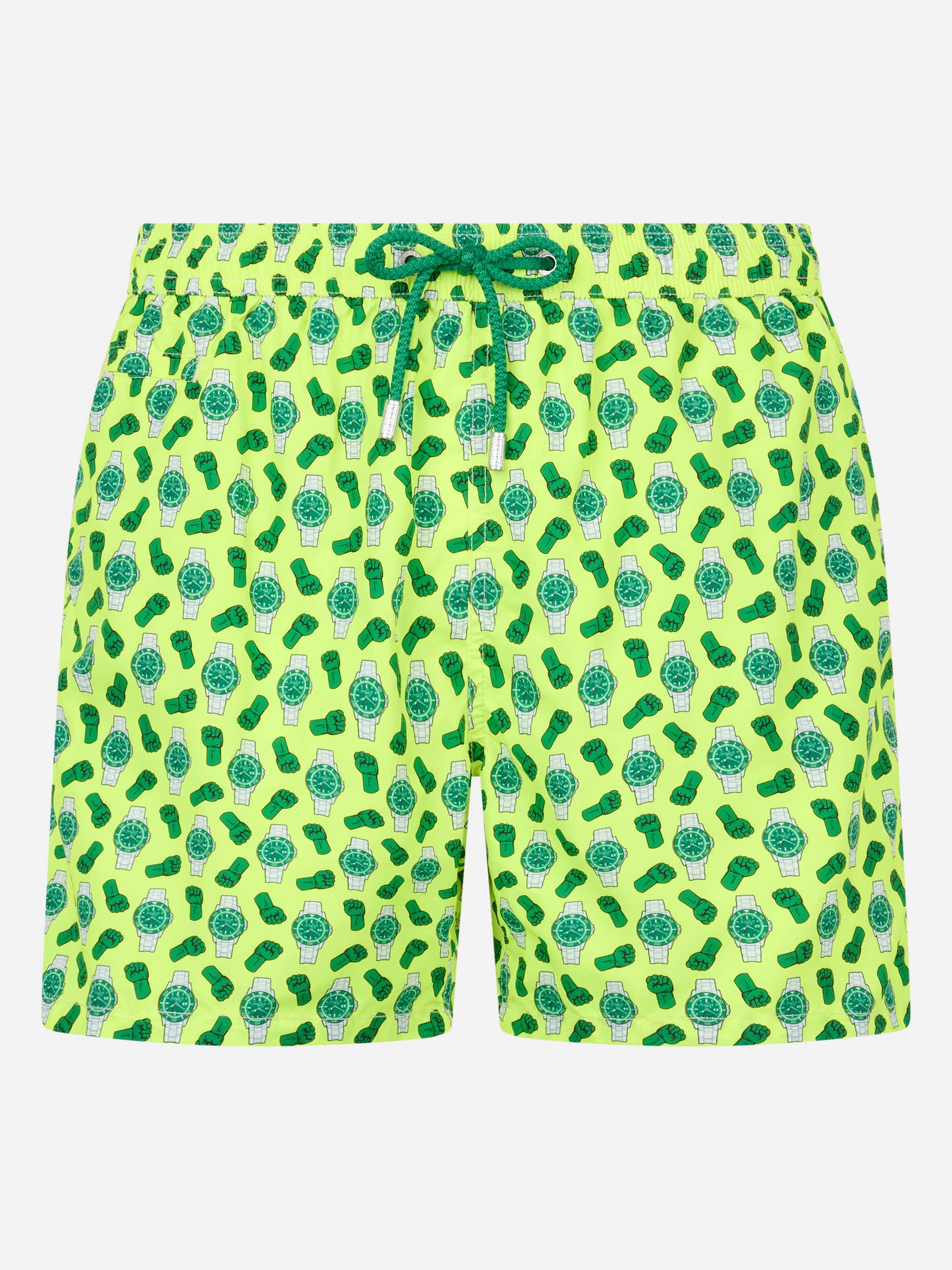Man Lightweight Fabric Swim-Shorts Lighting Micro Fantasy With Watches Print Yellow Swimshort