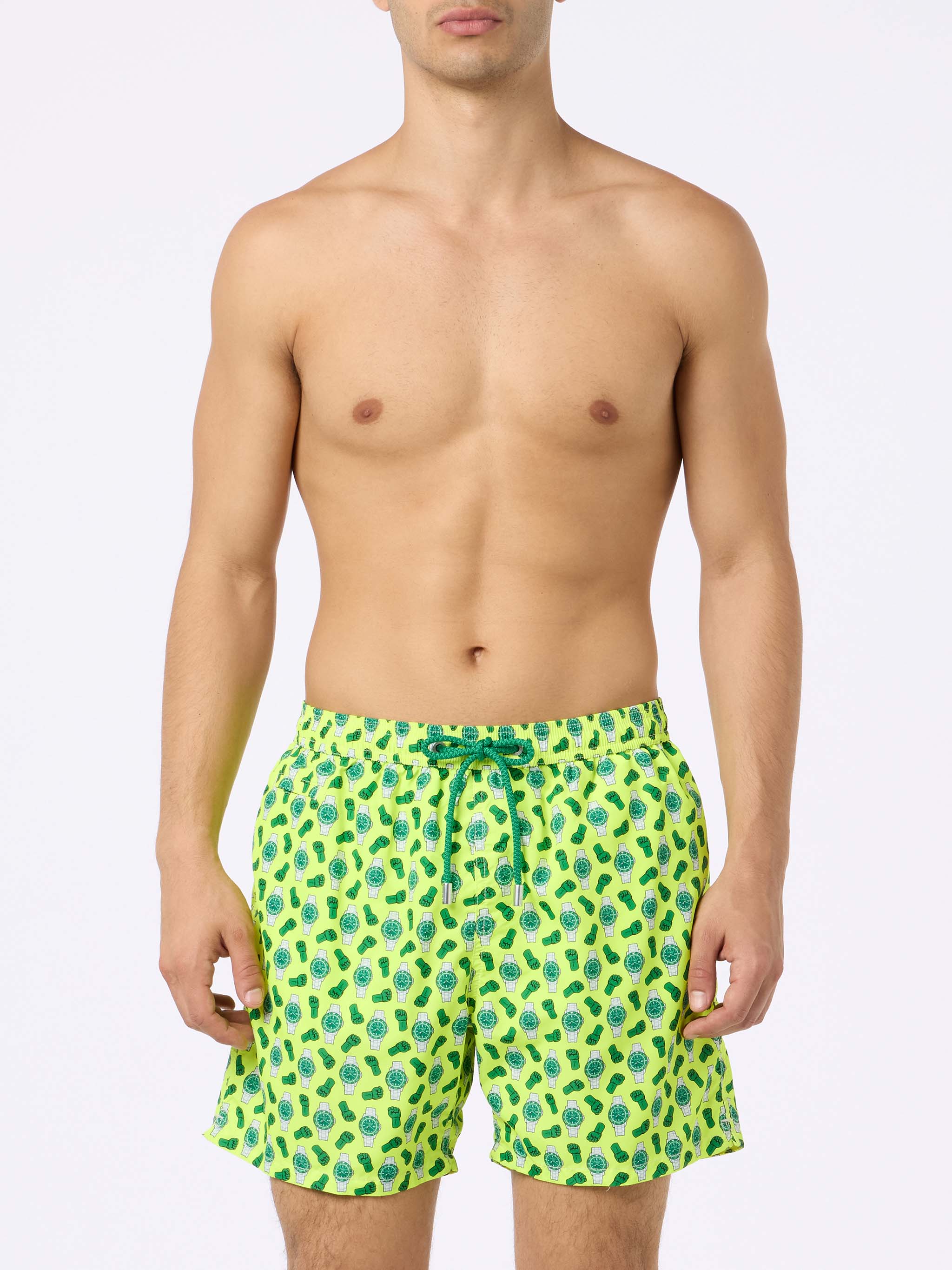 Man Lightweight Fabric Swim-Shorts Lighting Micro Fantasy With Watches Print Yellow Swimshort