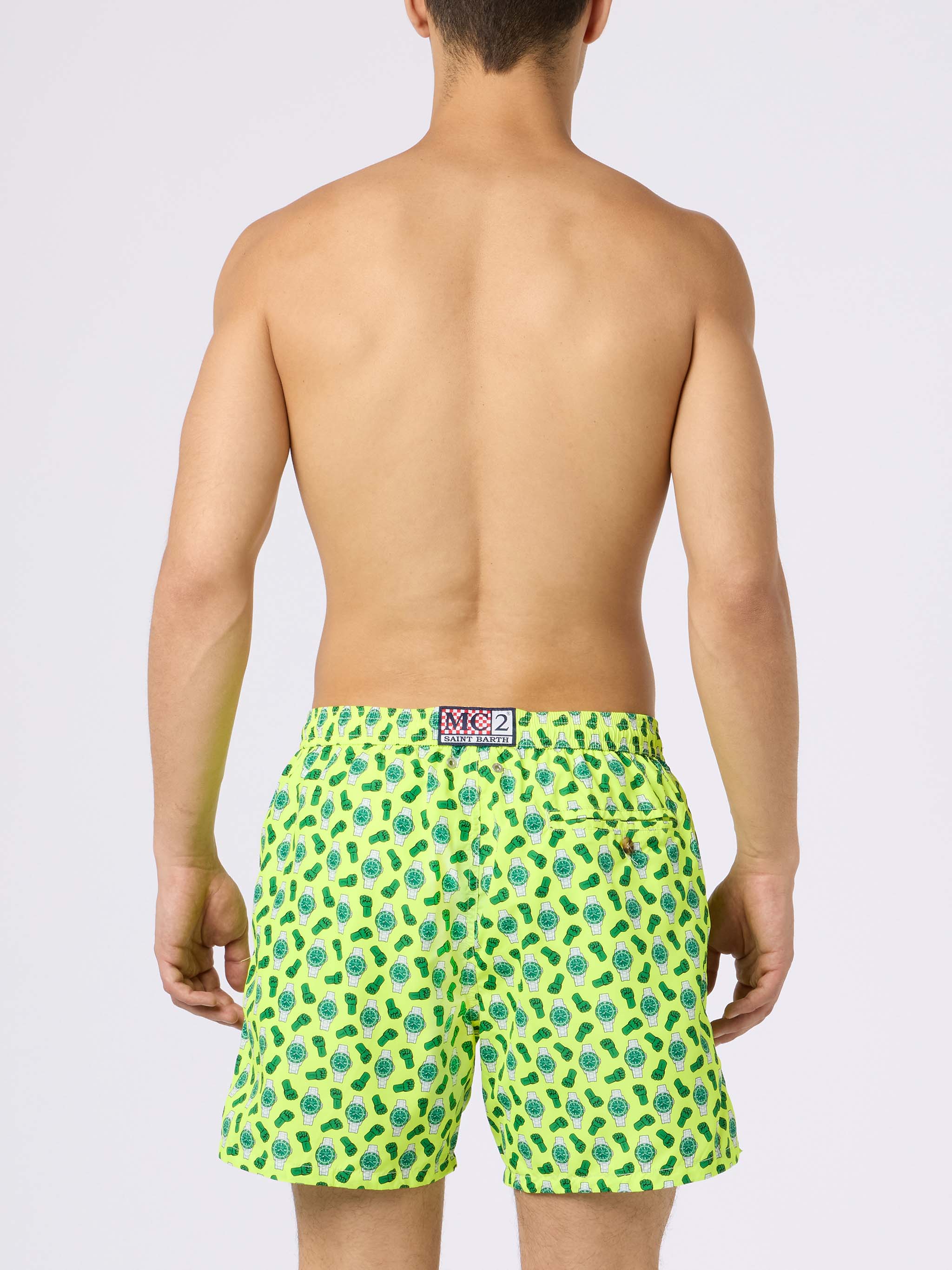 Man Lightweight Fabric Swim-Shorts Lighting Micro Fantasy With Watches Print Yellow Swimshort