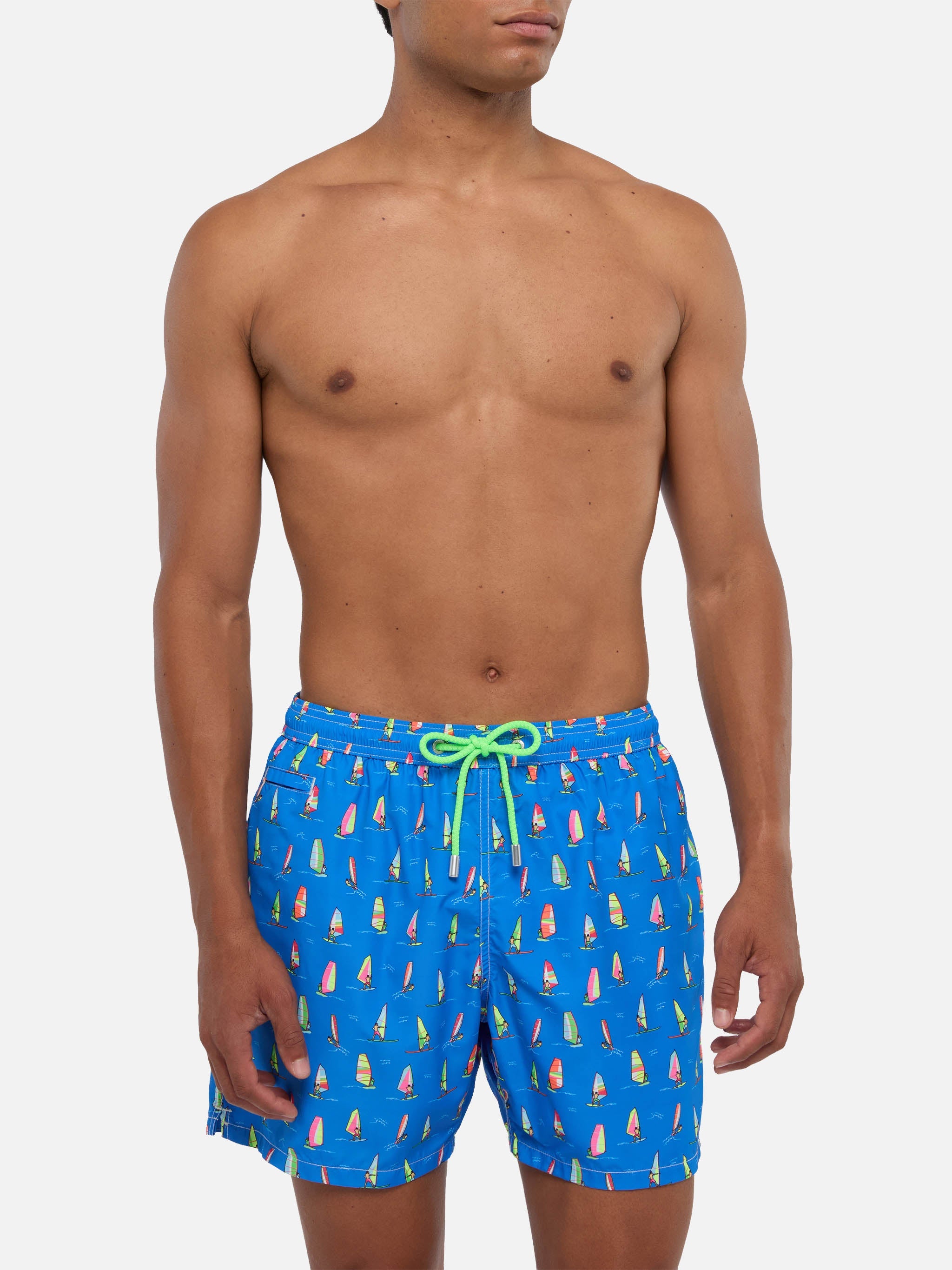 Man Light Fabric Swim Shorts With Windsurf Print Sky Swimshort