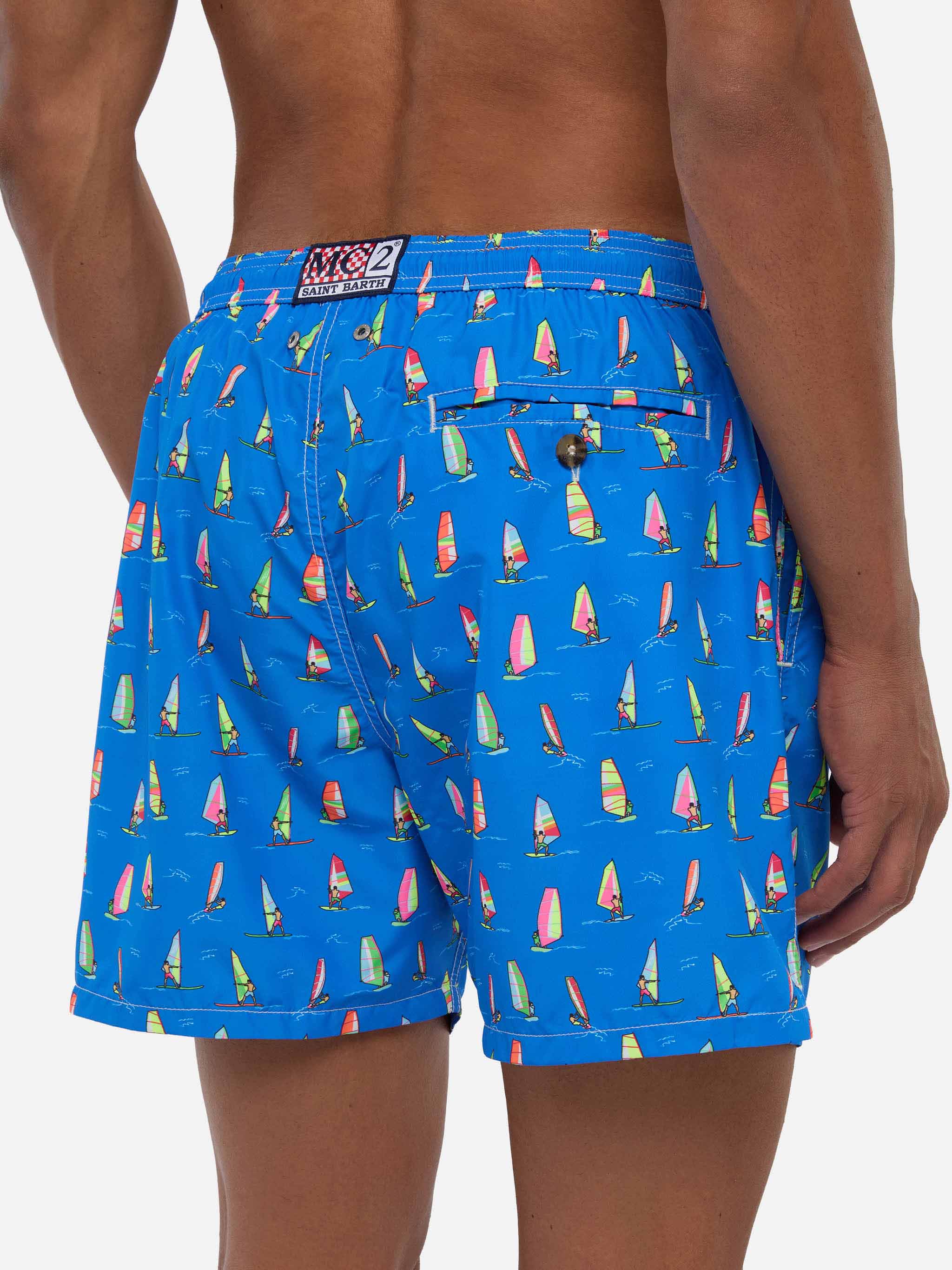 Man Light Fabric Swim Shorts With Windsurf Print Sky Swimshort
