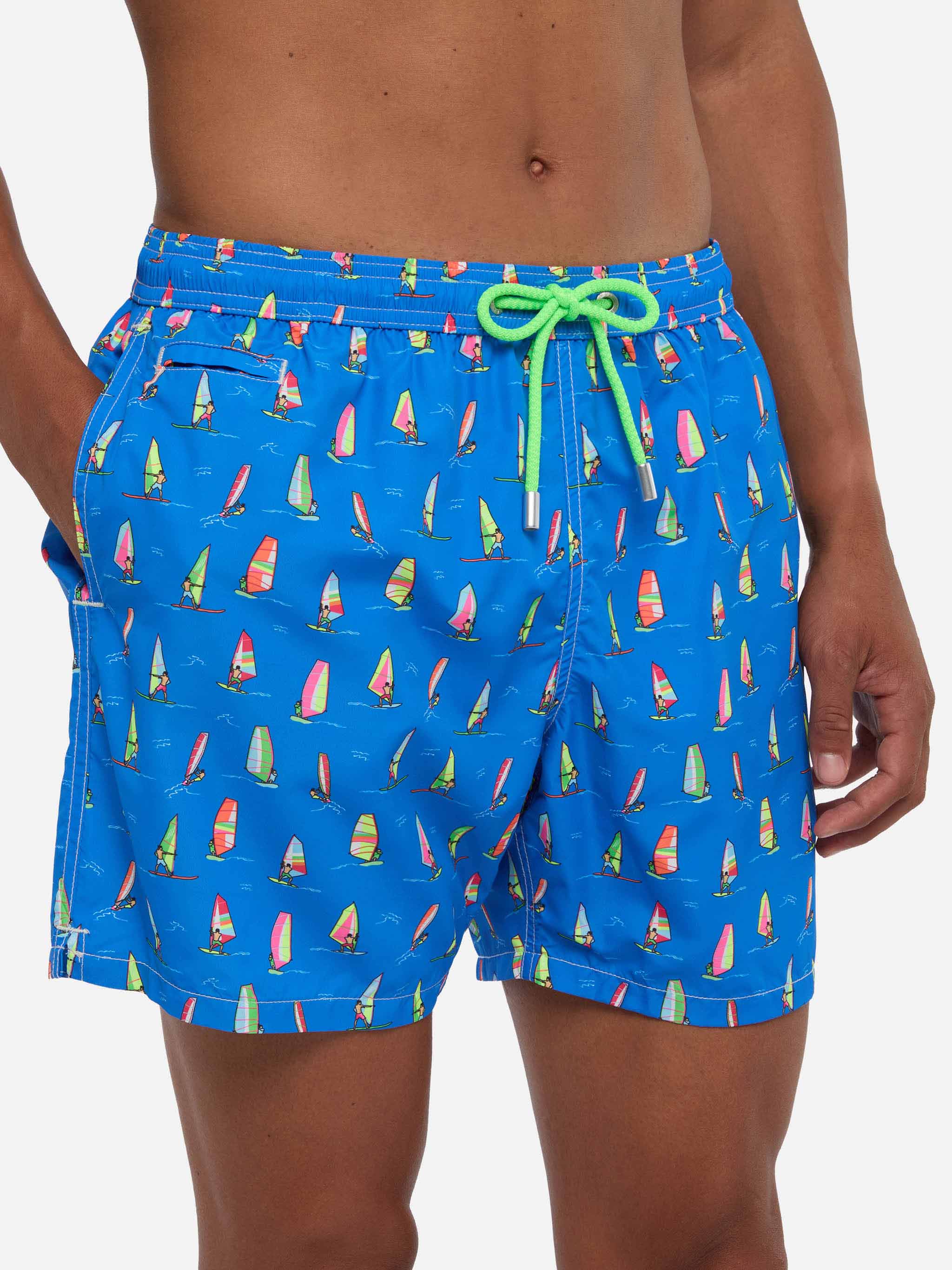 Man Light Fabric Swim Shorts With Windsurf Print Sky Swimshort