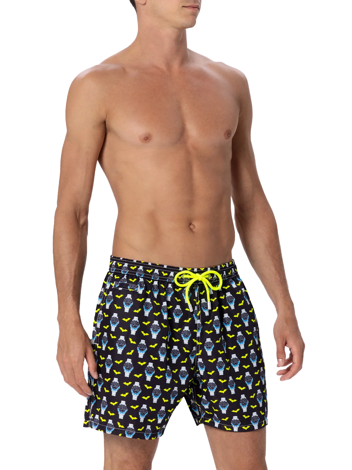 Man Lightweight Fabric Swim-Shorts Lighting Micro Fantasy With Watches Print Black Swimshort