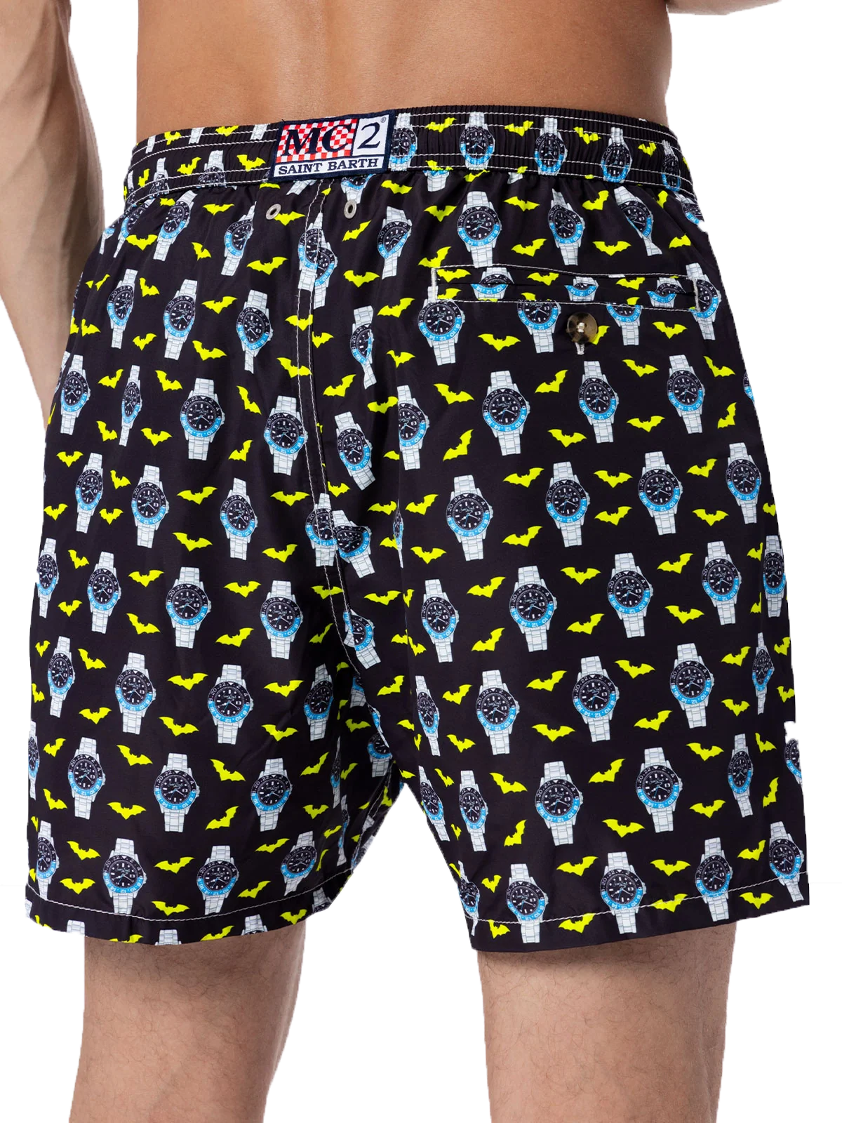 Man Lightweight Fabric Swim-Shorts Lighting Micro Fantasy With Watches Print Black Swimshort