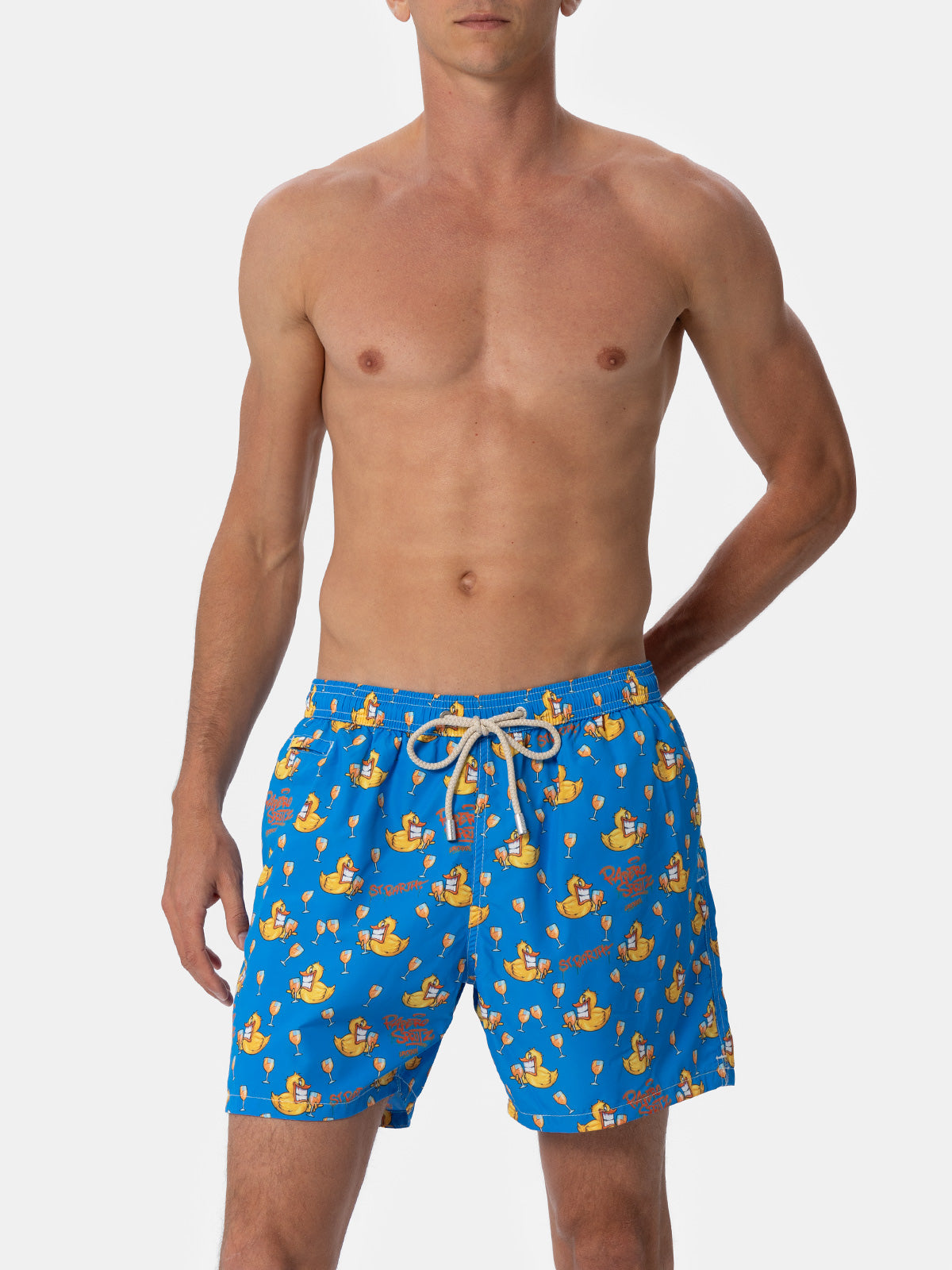 Man Lightweight Fabric Swim-Shorts Lighting Micro Fantasy With Ducky Cryptopuppets Print | Special Edition Blue Swimshort